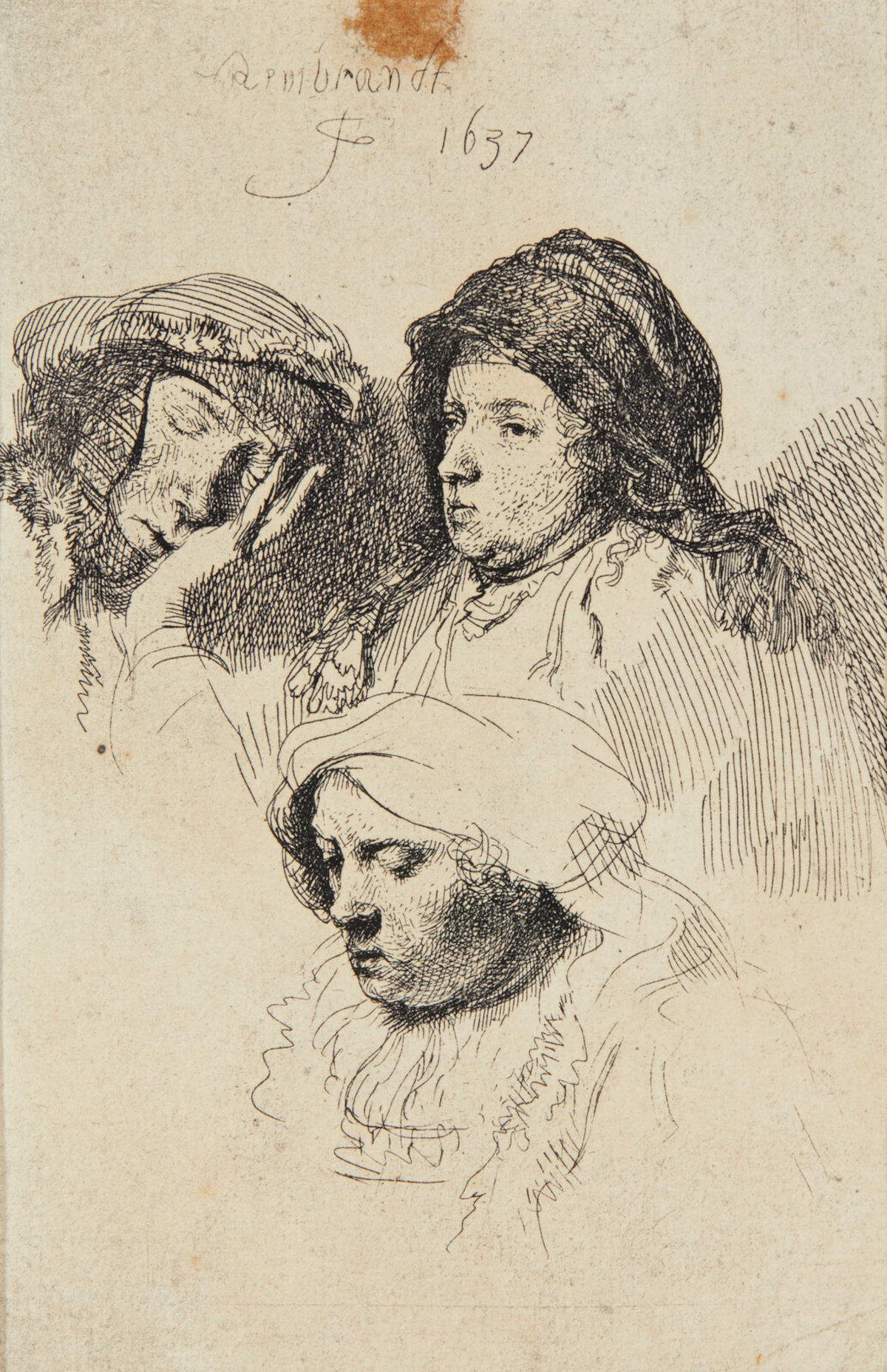 Rembrandt Van Rijn, Trois têtes de femmes, une endormie (1637 ; eau-forte, 37,5 x 28 cm) Photo : Capitolium Art