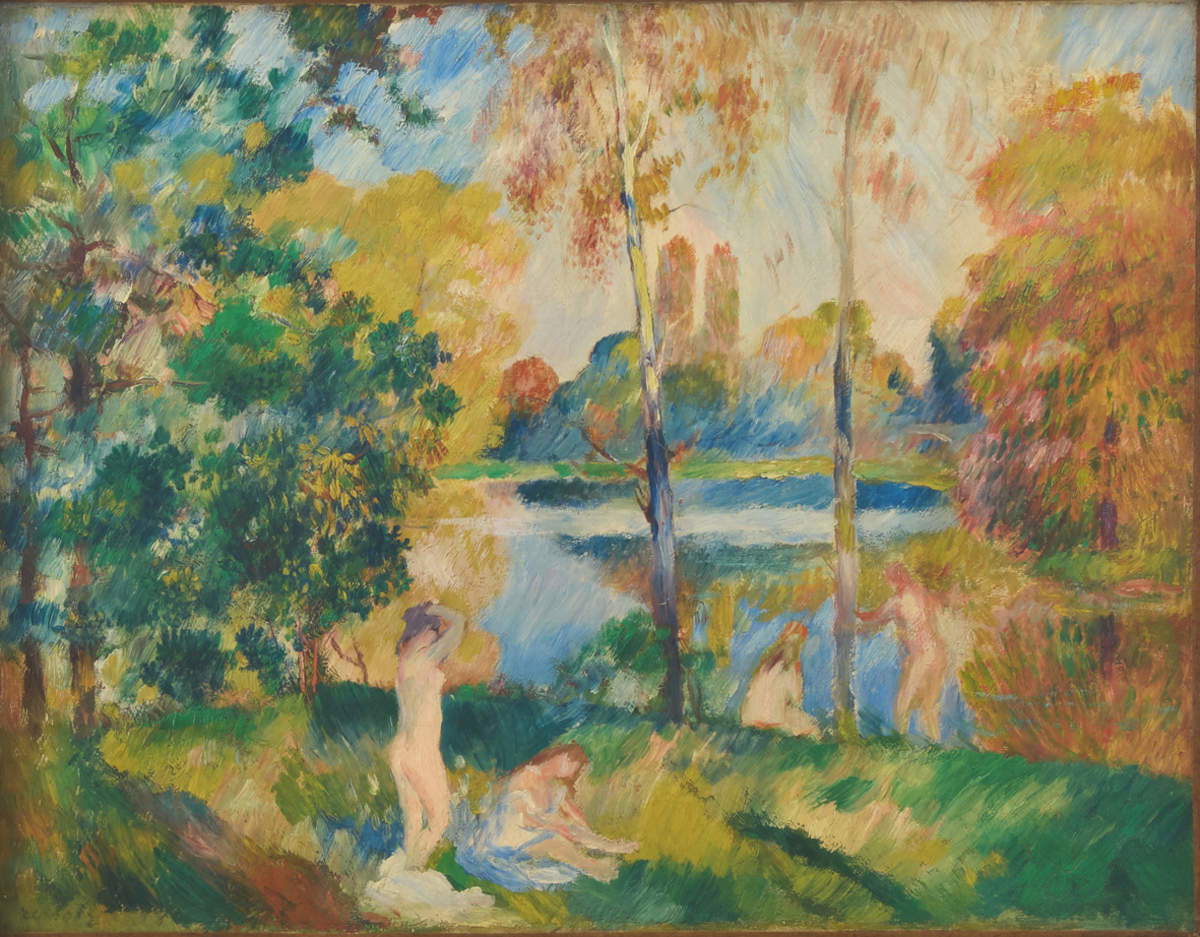 Pierre-Auguste Renoir, River Landscape with Bathers (c. 1885; oil on canvas, 32.5 x 41 cm; The Scharf Collection)