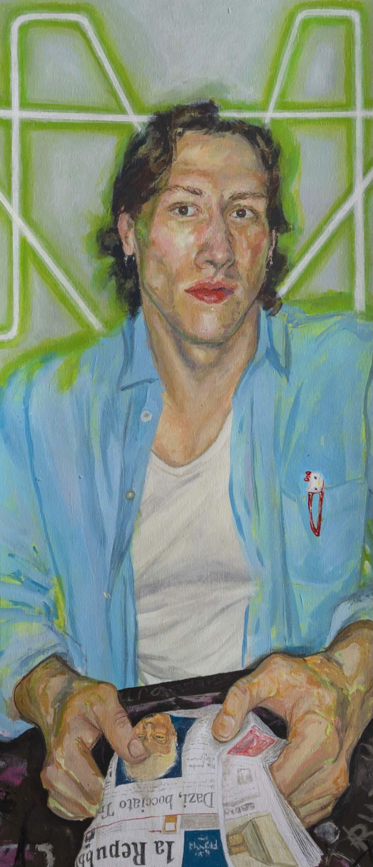 Robertina, Flashing News (2026; oil on canvas, 66 x 29 cm)