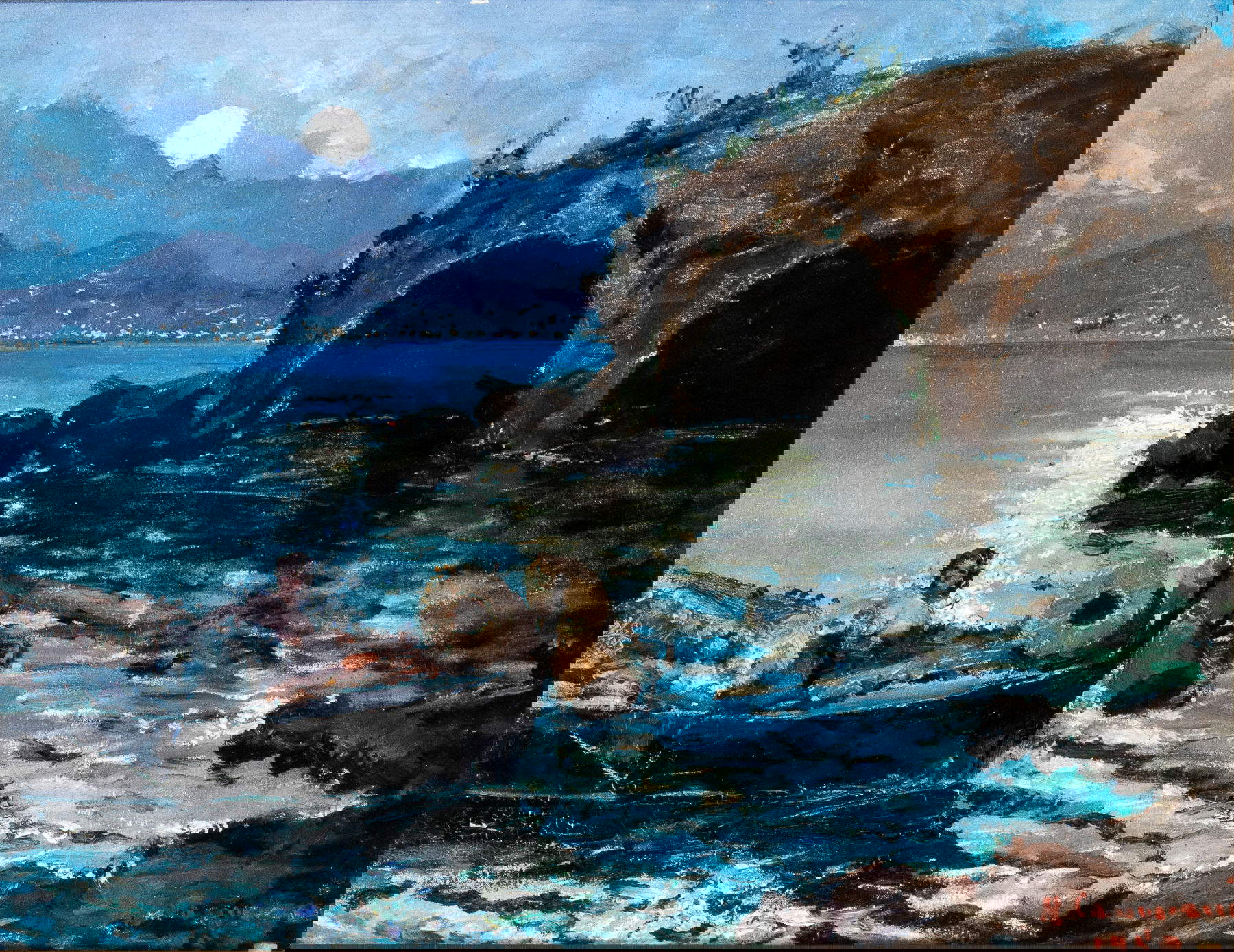 Roberto Carignani, Paisaje nocturno con barco (Óleo sobre lienzo, 55 x 70 cm, firmado y fechado abajo a la derecha) Foto: Bertolami Fine Art