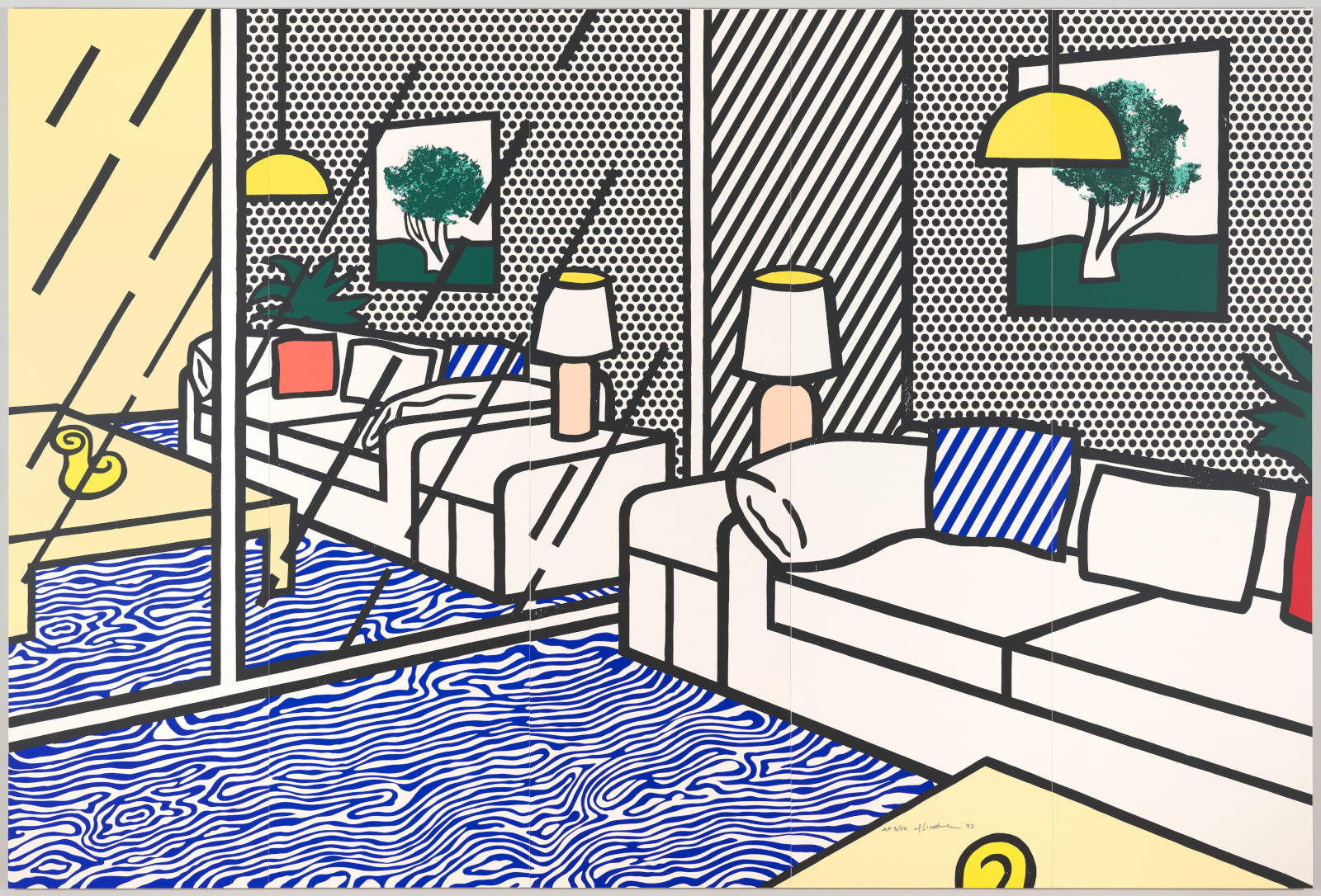 Roy Lichtenstein, Wallpaper with Blue Floor for Interiors (1992; silkscreen on water-repellent paper by Paper Technologies, Inc., on five panels; approx. 260.7 x 387 x 1.5 cm) &copy; Estate of Roy Lichtenstein / 2026, ProLitteris, Zurich. Courtesy of the Kunstmuseum Basel, Kupferstichkabinett, Gift of the Roy Lichtenstein Foundation in celebration of Roy Lichtenstein’s centennial. Photo by Max Ehrengruber
