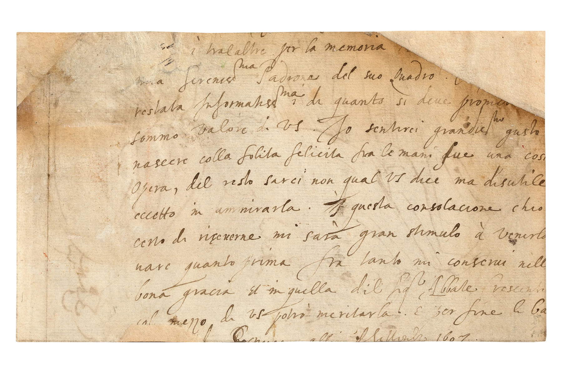 Peter Paul Rubens, Three Men in Classical Dress (recto), Draft letter regarding a commission for a painting of Eleanor de' Medici (verso), 1607, pen and brown ink on paper, 120 x 200 mm, Rubenshuis (long-term loan from the King Baudouin Foundation), verso.
