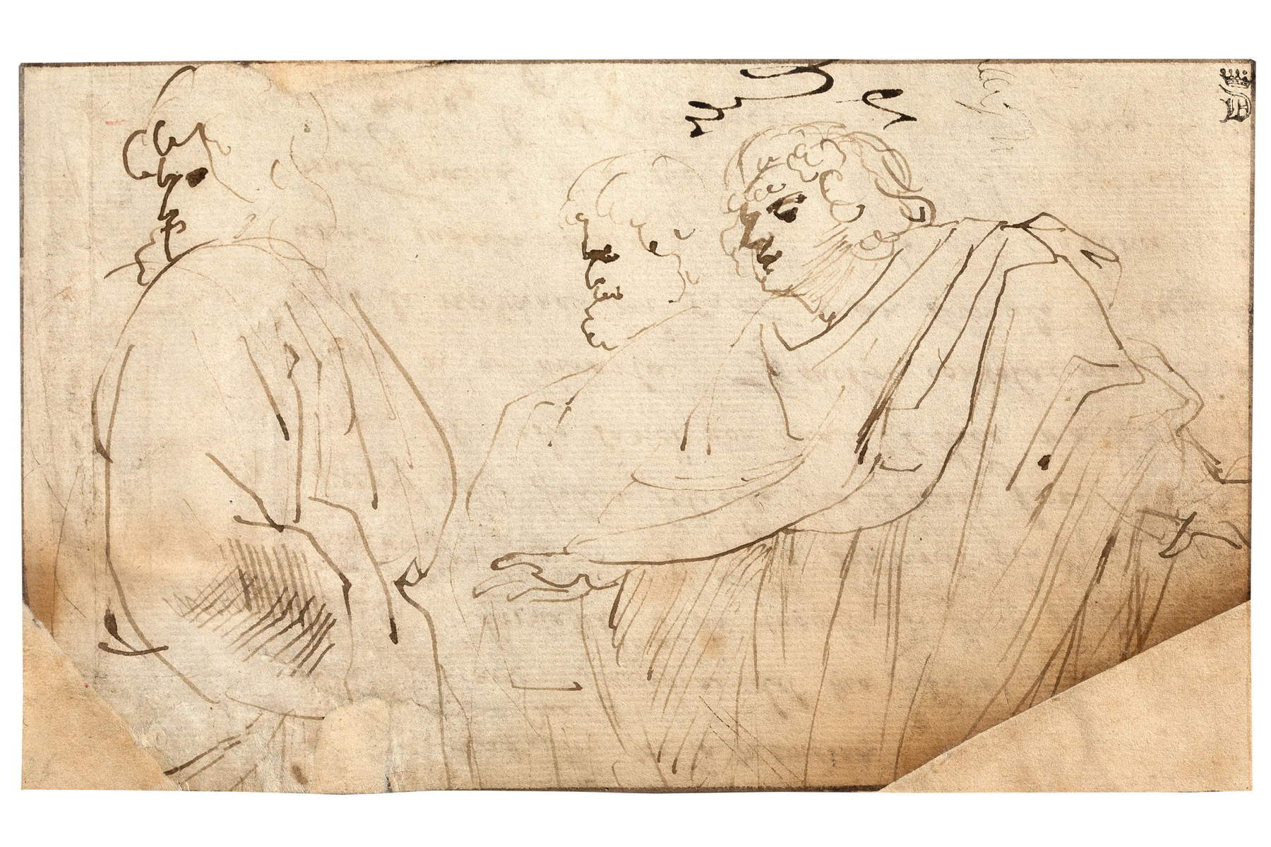 Peter Paul Rubens, Three Men in Classical Dress (recto), Draft letter regarding a commission for a painting of Eleanor de' Medici (verso) 1607, pen and brown ink on paper, 120 x 200 mm, Rubenshuis (long-term loan from the King Baudouin Foundation), recto.