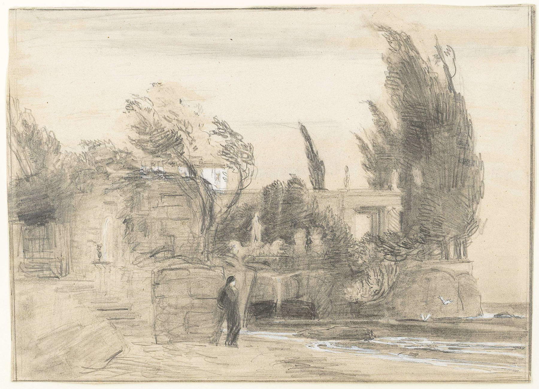 Rudolf Schick (nach Arnold B&ouml;cklin), Villa am Meer (1869; schwarzer Bleistift auf Papier, 177 x 250 mm; Privatsammlung)