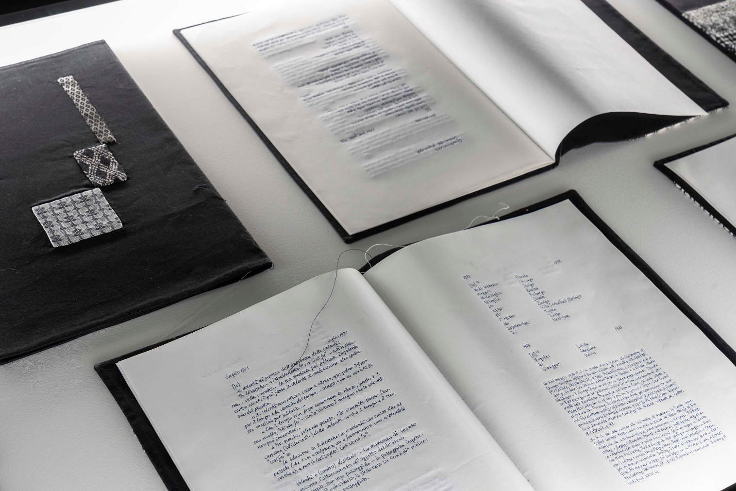 Sabrina Mezzaqui, I quaderni di Hannah Arendt, 2017-2021, dettaglio (29 quaderni rilegati a mano con copertine in stoffa ricamata con motivi ispirati all'estetica del Bauhaus, copiati con inchiostro blu notte su carta per atti giuridici e amministrativi). Opera acquisita nell'ambito del progetto vincitore del PAC 2026 &ndash; Piano per l'Arte Contemporanea, promosso dalla Direzione Generale Creativit&agrave; Contemporanea del Ministero della Cultura. Foto: Lorenzo Palmieri
