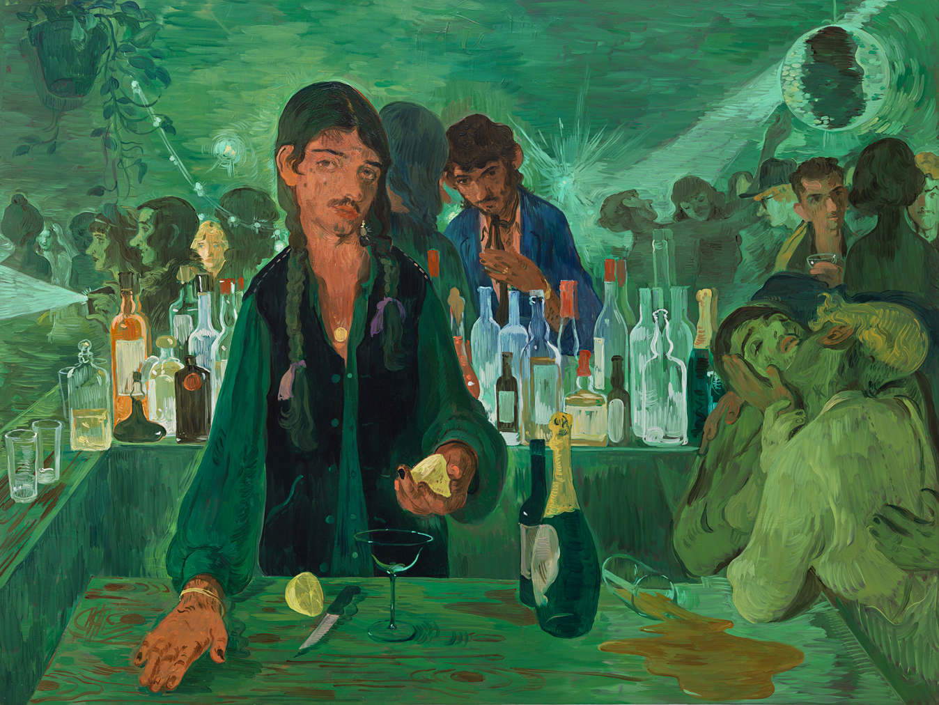 Salman Toor, „The Bar on East 13th“ (2019; Öl auf Holz, 91,4 x 121,9 cm) &copy; Salman Toor, mit freundlicher Genehmigung des Künstlers, von Luhring Augustine, New York, und der Thomas Dane Gallery. Foto: Farzad Owrang