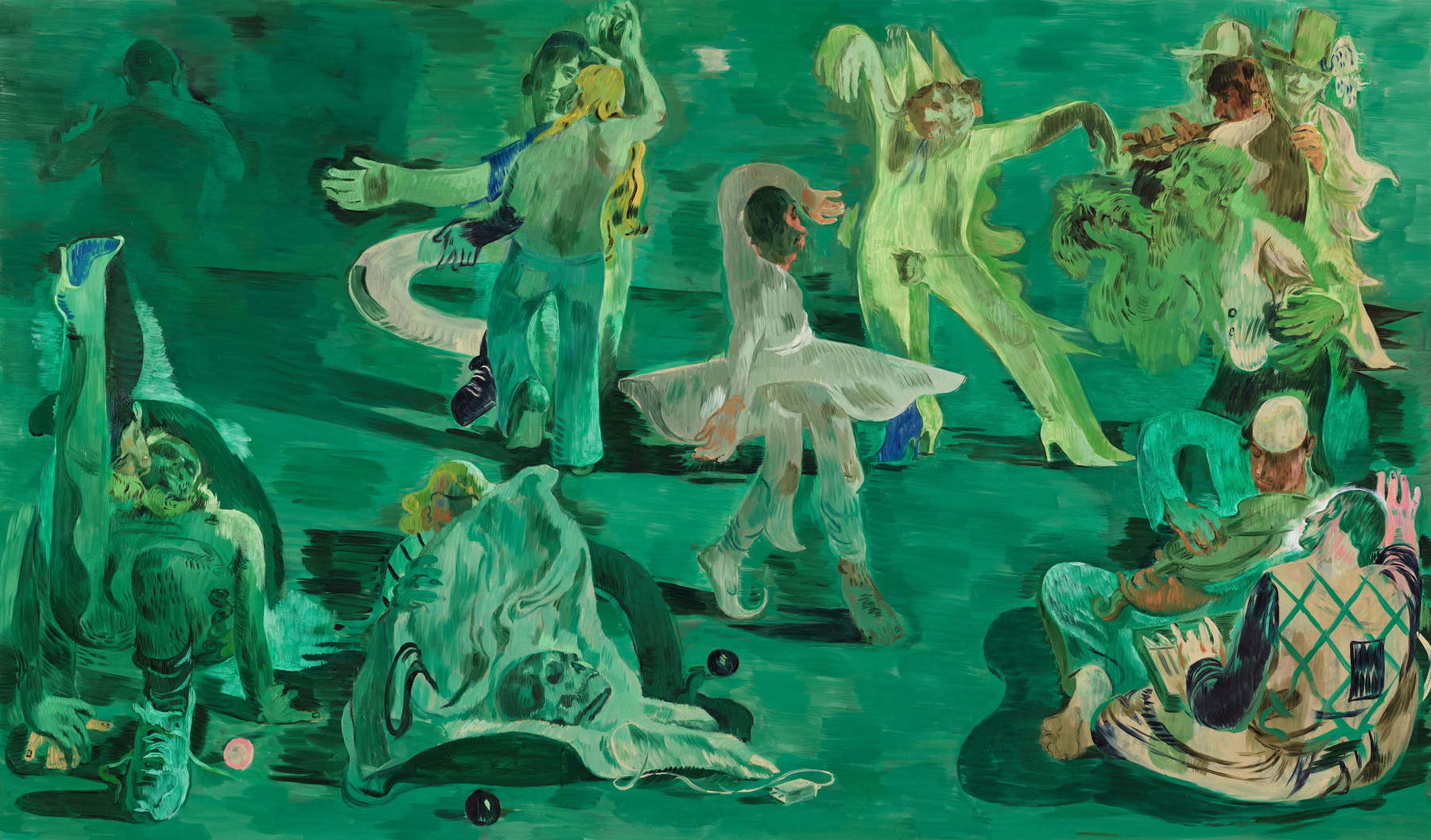 Salman Toor, Ghost Ball (2023; Öl auf Leinen, 190,8 x 323,2 cm; Pinault-Sammlung) &copy; Salman Toor, mit freundlicher Genehmigung des Künstlers, von Luhring Augustine, New York, und der Thomas Dane Gallery. Foto: Farzad Owrang