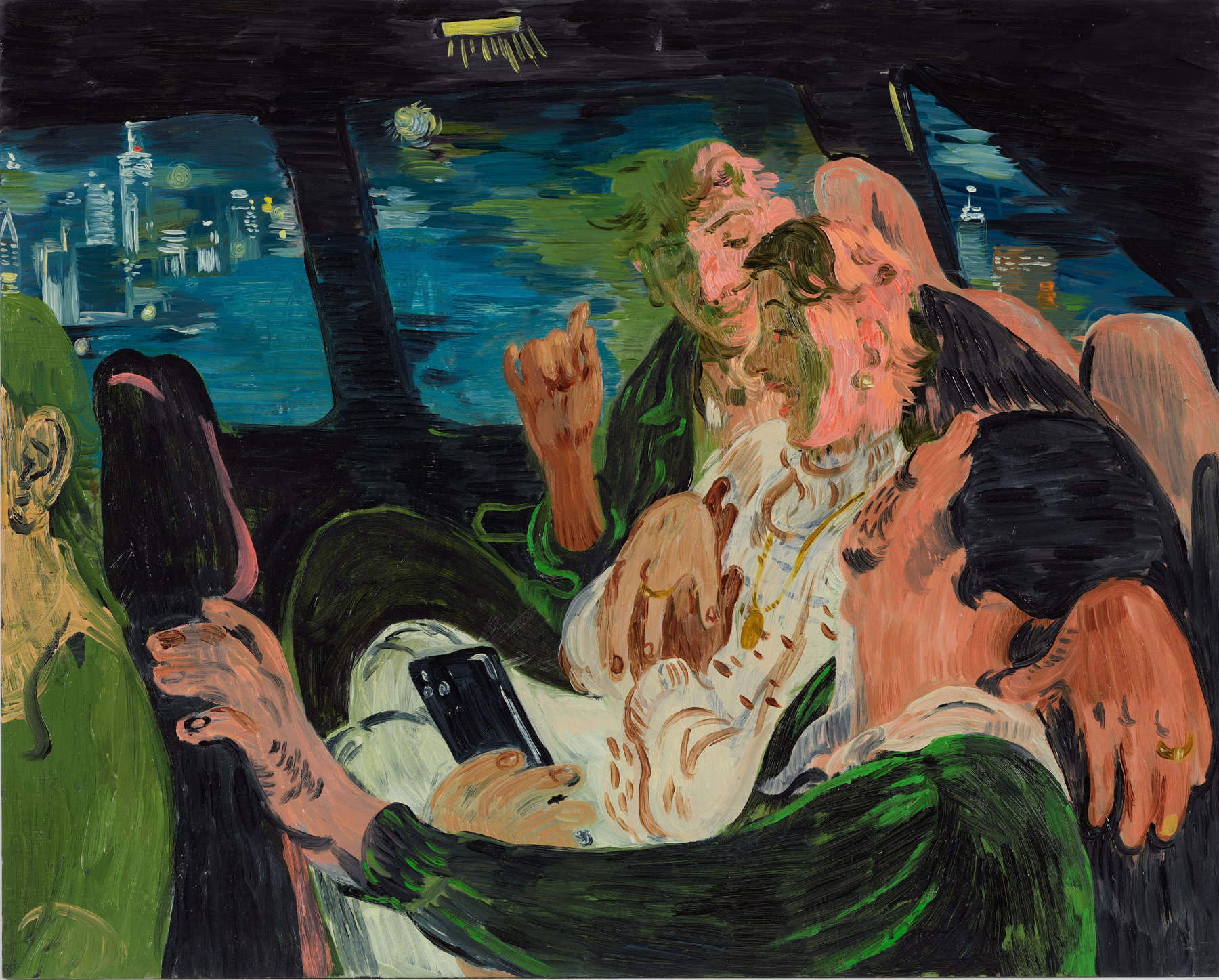 Salman Toor, „Three Friends in a Cab“ (2021; Öl auf Holz, 40,6 x 50,8 cm; Privatsammlung) &copy; Salman Toor, mit freundlicher Genehmigung des Künstlers, von Luhring Augustine, New York, und der Thomas Dane Gallery. Foto: Farzad Owrang