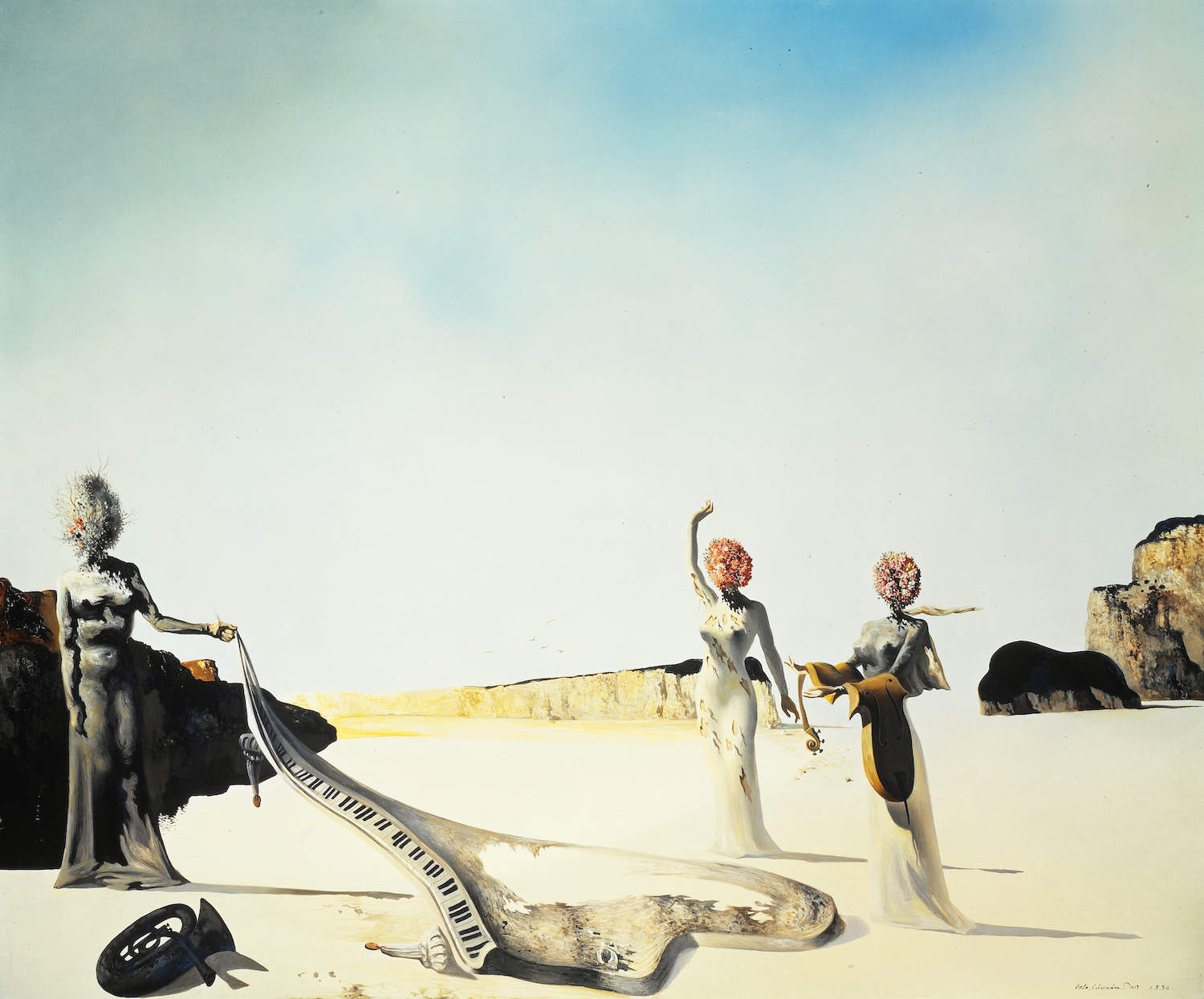 Salvador Dal&iacute;, Tre giovani donne surrealiste che tengono tra le braccia le pelli di un&rsquo;orchestra (1936, olio su tela, 53 x 65 cm; St. Petersburg (Florida), collezione del The Dal&iacute; Museum; donazione di A. Reynolds ed Eleanor Morse, 2000.24) Foto: &copy; Oriol Tarridas, 2024 - &copy; Salvador Dal&iacute;, Fundaci&oacute; Gala-Salvador Dal&iacute;, Figueres, 2026