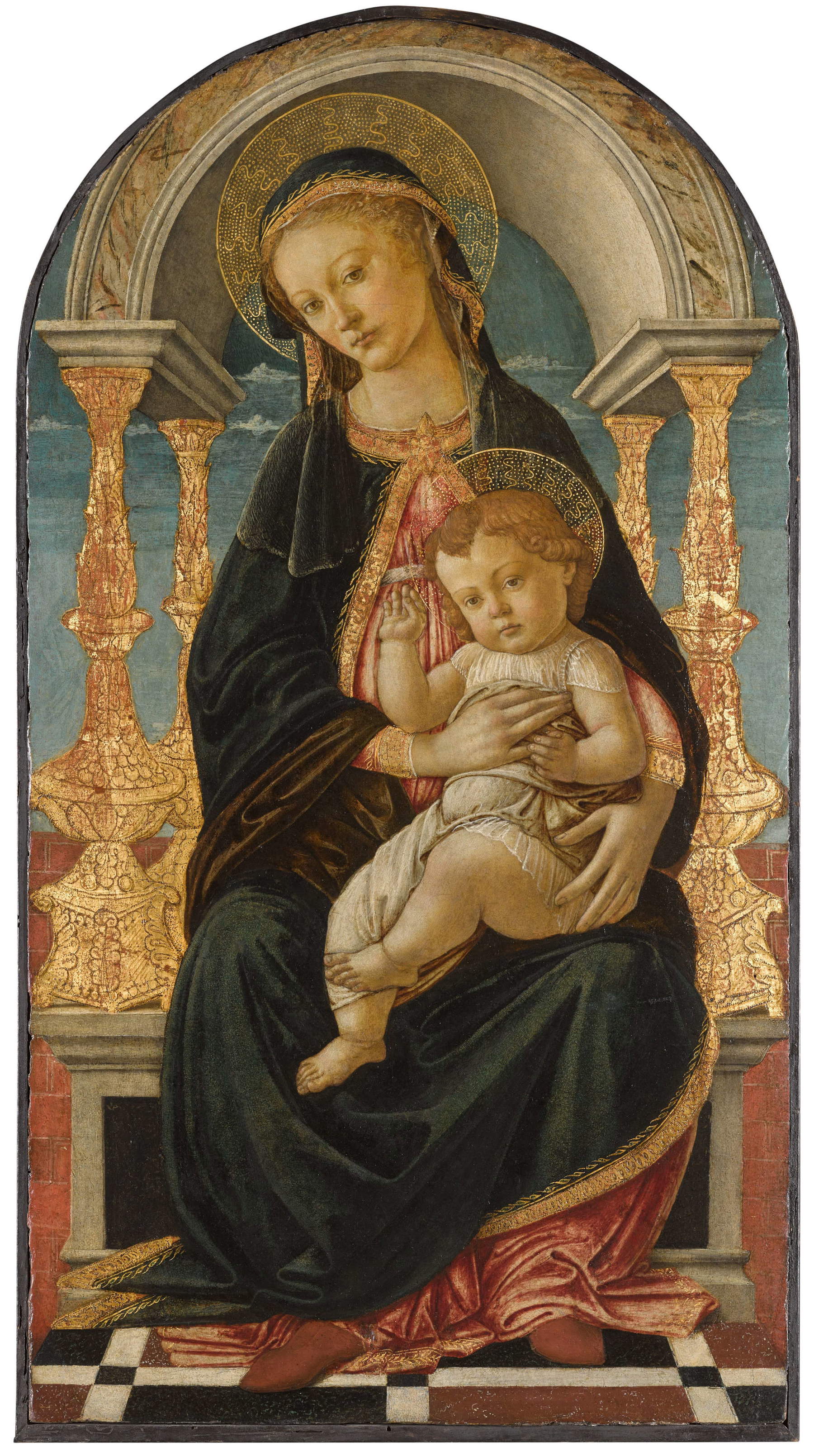 Sandro Botticelli, Madonna and Child Enthroned (c. 1465-1470; tempera on panel, 83.3 x 44.9 cm; Klesch Collection)