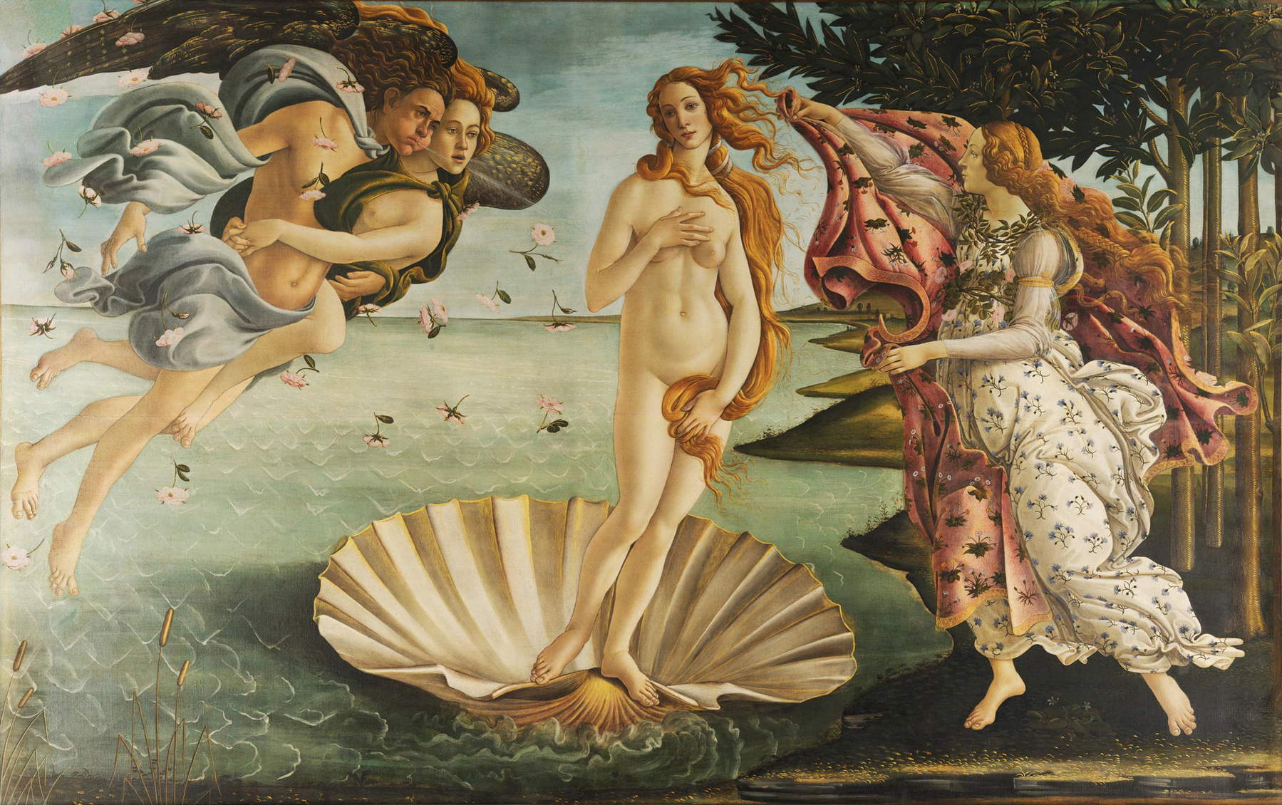 Sandro Botticelli, Die Geburt der Venus (um 1485; Tempera auf Leinwand, 172,5 x 278,5 cm; Florenz, Uffizien, Inv. 1890 Nr. 878)