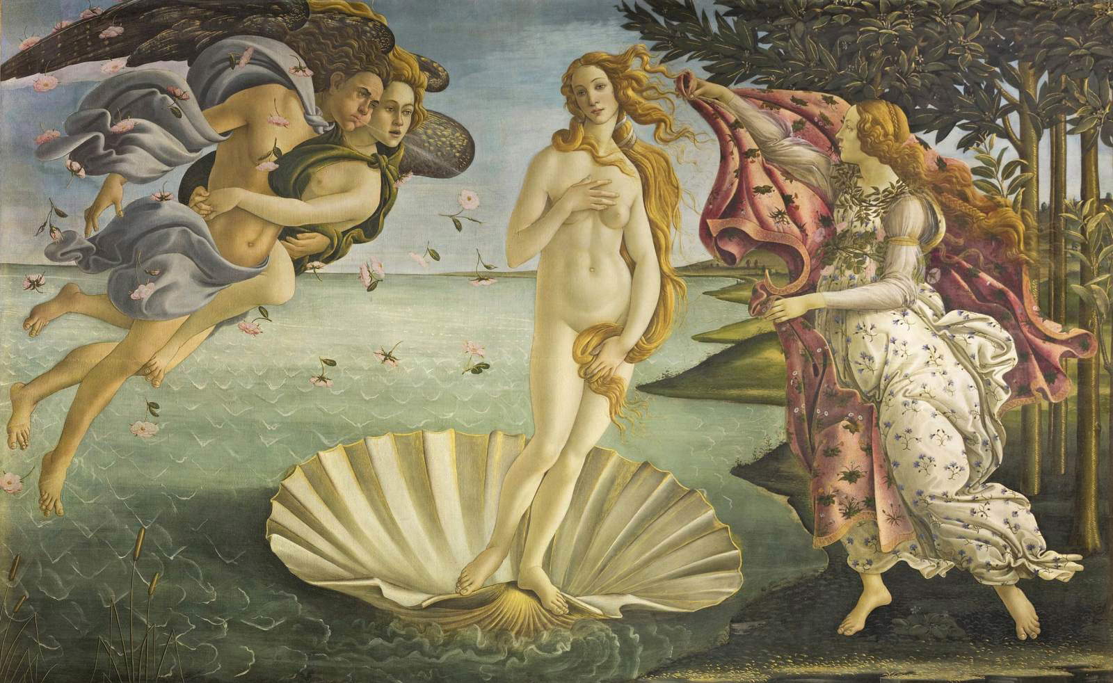 Sandro Botticelli,&nbsp;Nascita di Venere&nbsp;(1485 circa; tempera su tela, 173 x 279 cm; Firenze, Gallerie degli Uffizi)