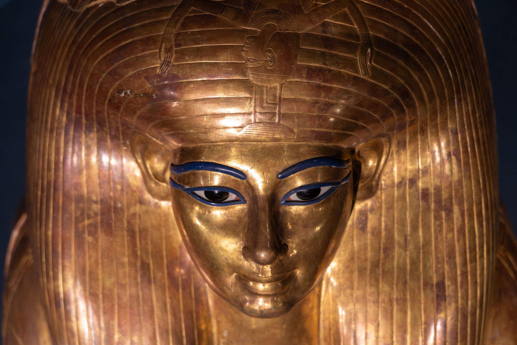 External anthropoid sarcophagus of Tuya (18th Dynasty, New Kingdom, reign of Amenhotep III; wood covered with gilded stucco; Cairo, Egyptian Museum). Photo: Monkeys Video Lab