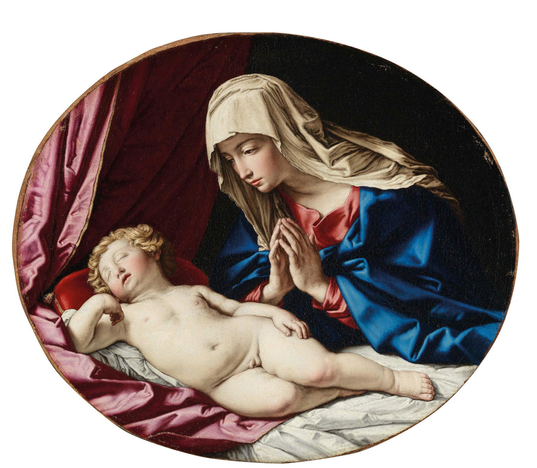 Giovanni Battista Salvi, genannt Sassoferrato, Madonna mit Kind (Öl auf Leinwand, 38 × 44,5 cm; Wien, Galerie Enrico Lumina Dorotheum, Auktionssaal 10.11.2020, Los 99, Jesi, Privatsammlung) Angeboten von: Antomani &amp; Sons