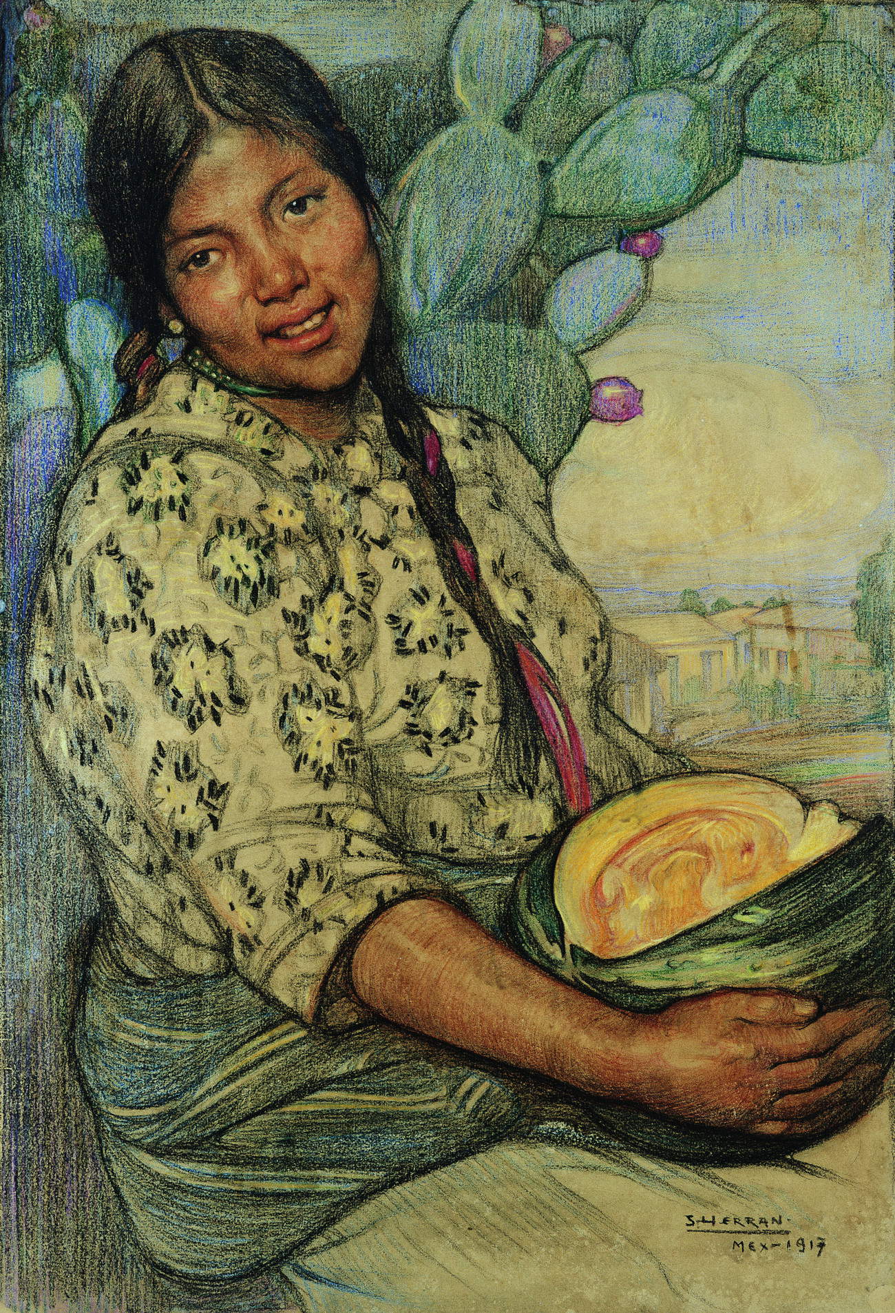 Saturnino Herr&aacute;n, Mädchen mit Kürbis (1917; Farbstifte auf Papier, 57 x 39 cm; Mexiko-Stadt, Colecci&oacute;n Andr&eacute;s Blaisten, inv. SHe004)