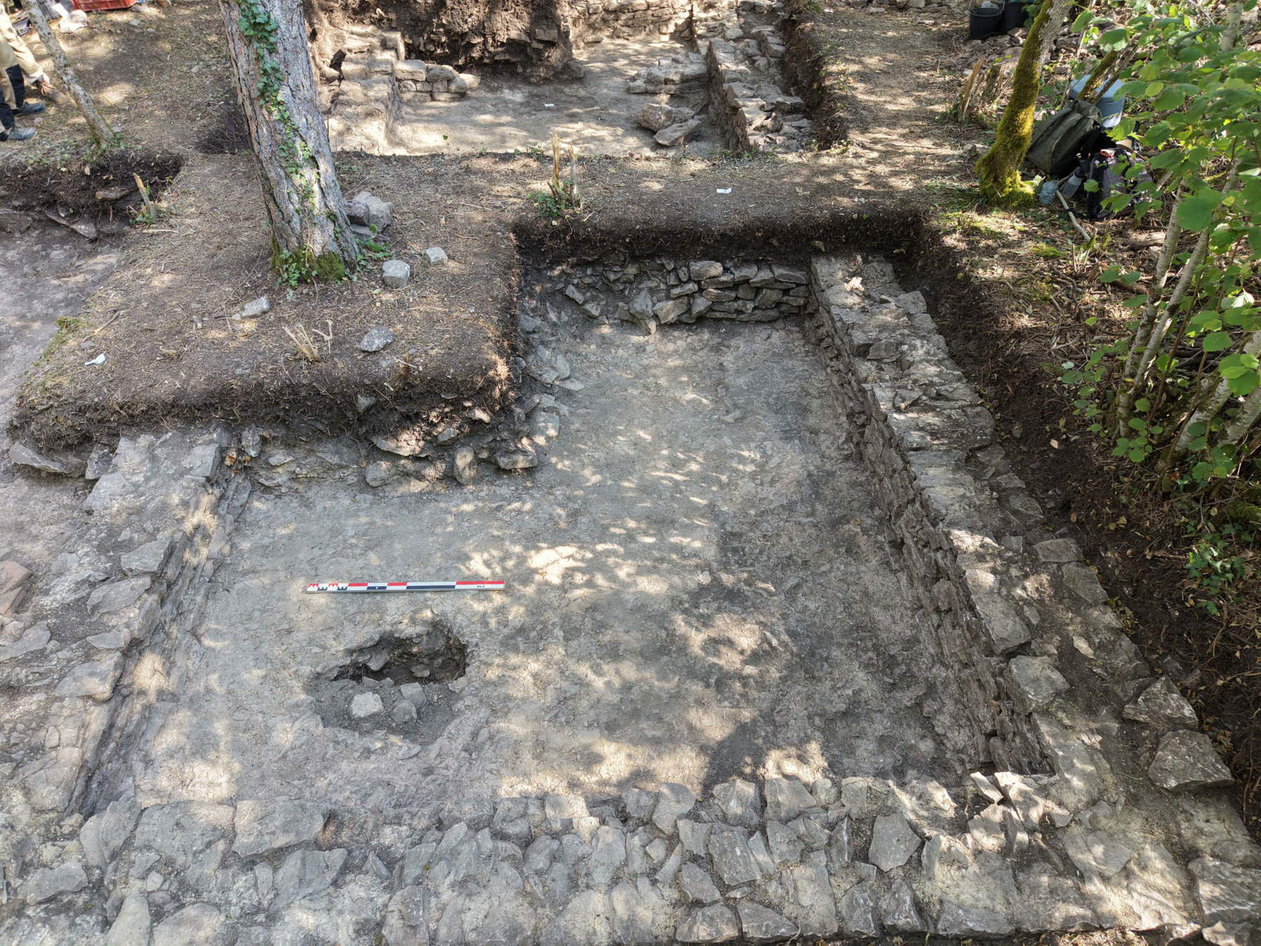 Aerial view, taken by a drone, of the remains of the building west of the church, excavated in 2026. Photo: J. Berthet, Inrap