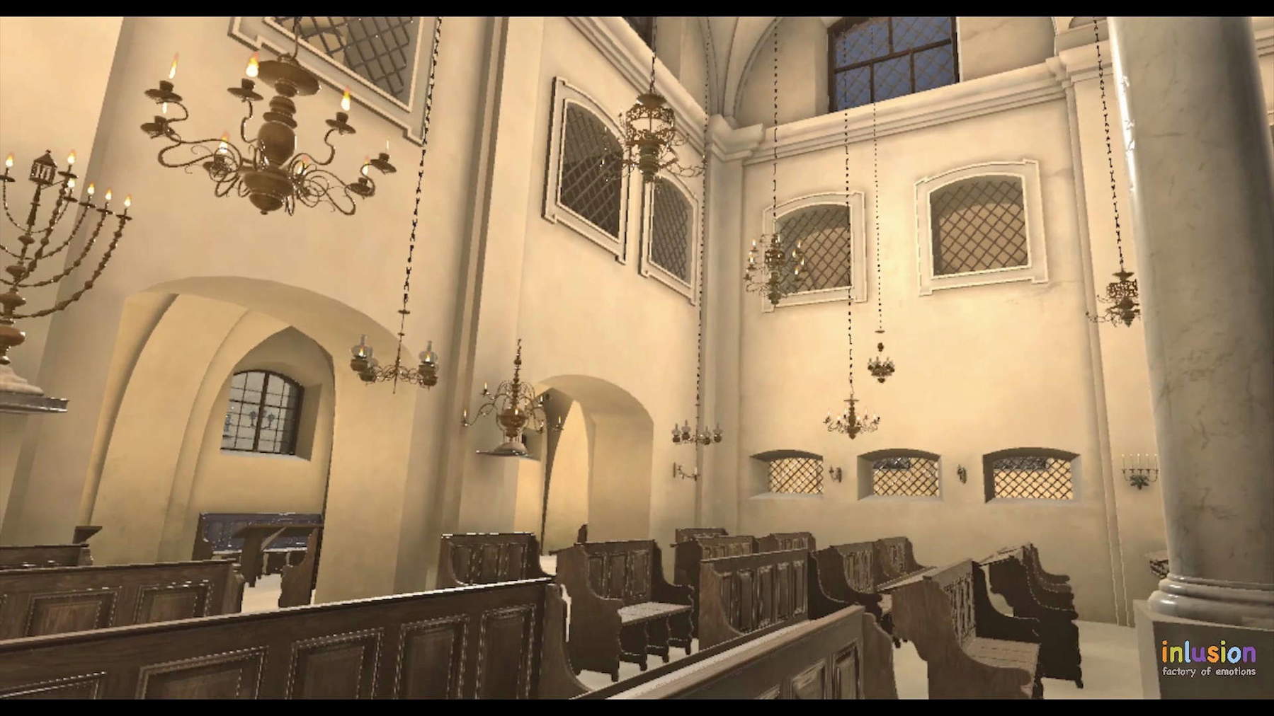 Reconstitution de la salle de prière. Des plaques portant les noms des fidèles ont été découvertes lors des fouilles. Visualisation : Inlusion Netforms