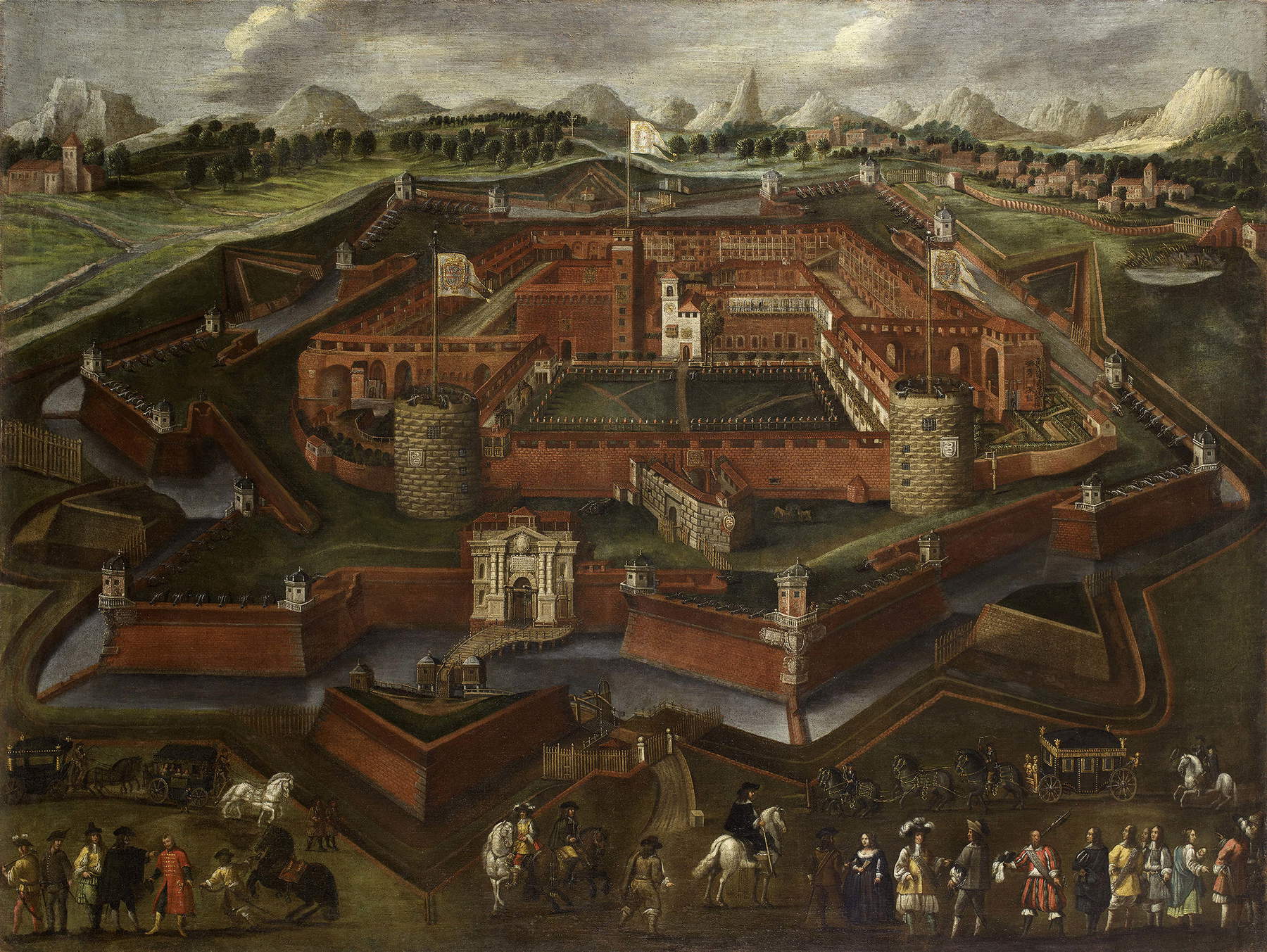 Scuola lombarda, Veduta del Castello Sforzesco di Milano (XVII secolo; olio su tela, 150 &times; 198 cm). Presentato da: Carlo Orsi