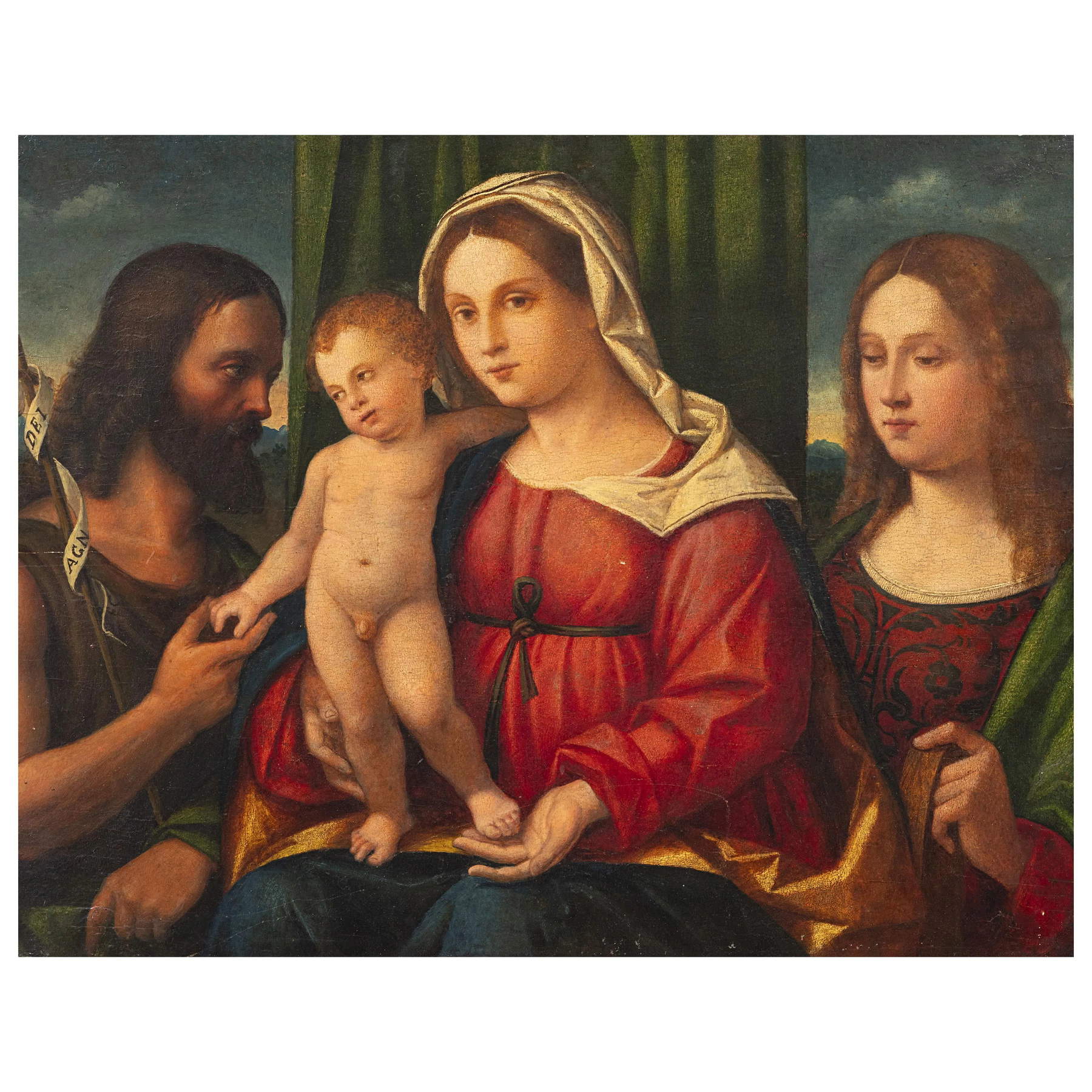 Scuola veneta, Madonna con bambino tra i santi Giovanni Battista e Caterina D&rsquo;Alessandria (XVI secolo; olio su tavola, 66 x 78,5 cm). Foto: Pandolfini
