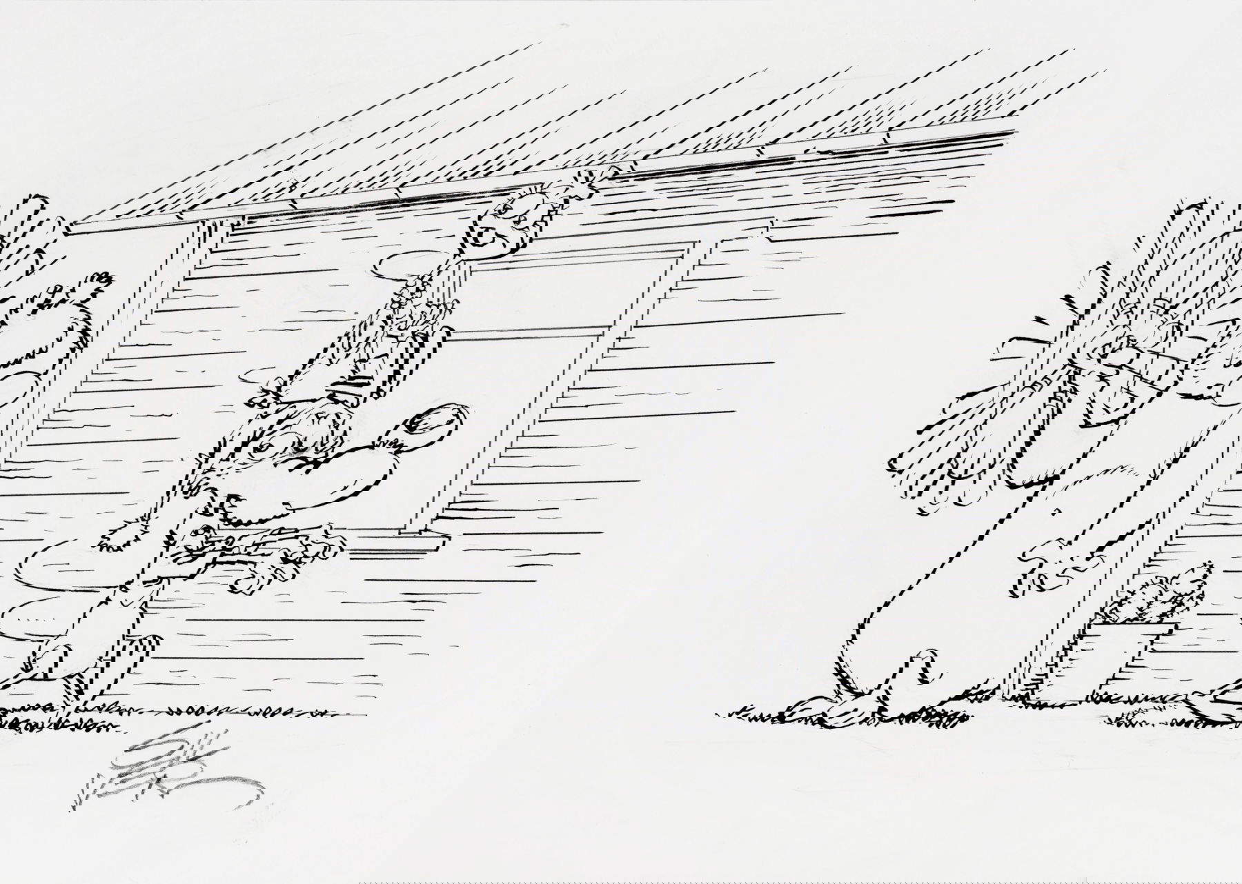 Silver (Guido Silvestri), Lupo Alberto n. 421, lote 22 (2020; lápiz y tinta china sobre cartón, 25 x 17,5 cm) Portada original creada por Silver para Lupo Alberto n. 421, publicado por McK en julio de Silver completó su aprendizaje en el estudio de Bonvi, donde trabajó en personajes ya conocidos como Nick Carter, Cattivik y el Capitán Posapiano. En 1974 llegó el punto de inflexión: en Corriere dei Ragazzi debutó con una tira de su propia invención, con animales de granja como protagonistas. Aunque en la primera tira el protagonista es un gallo, enseguida es un simpático lobo azul el que roba la escena: así nació el éxito de 40 años de Lupo Alberto. Por primera vez sale al mercado una rarísima portada de Lupo Alberto. Firmada en el anverso, firmada y sellada en el reverso. Subasta base 2.500 &euro;; Estimación 2.500 - 4.00