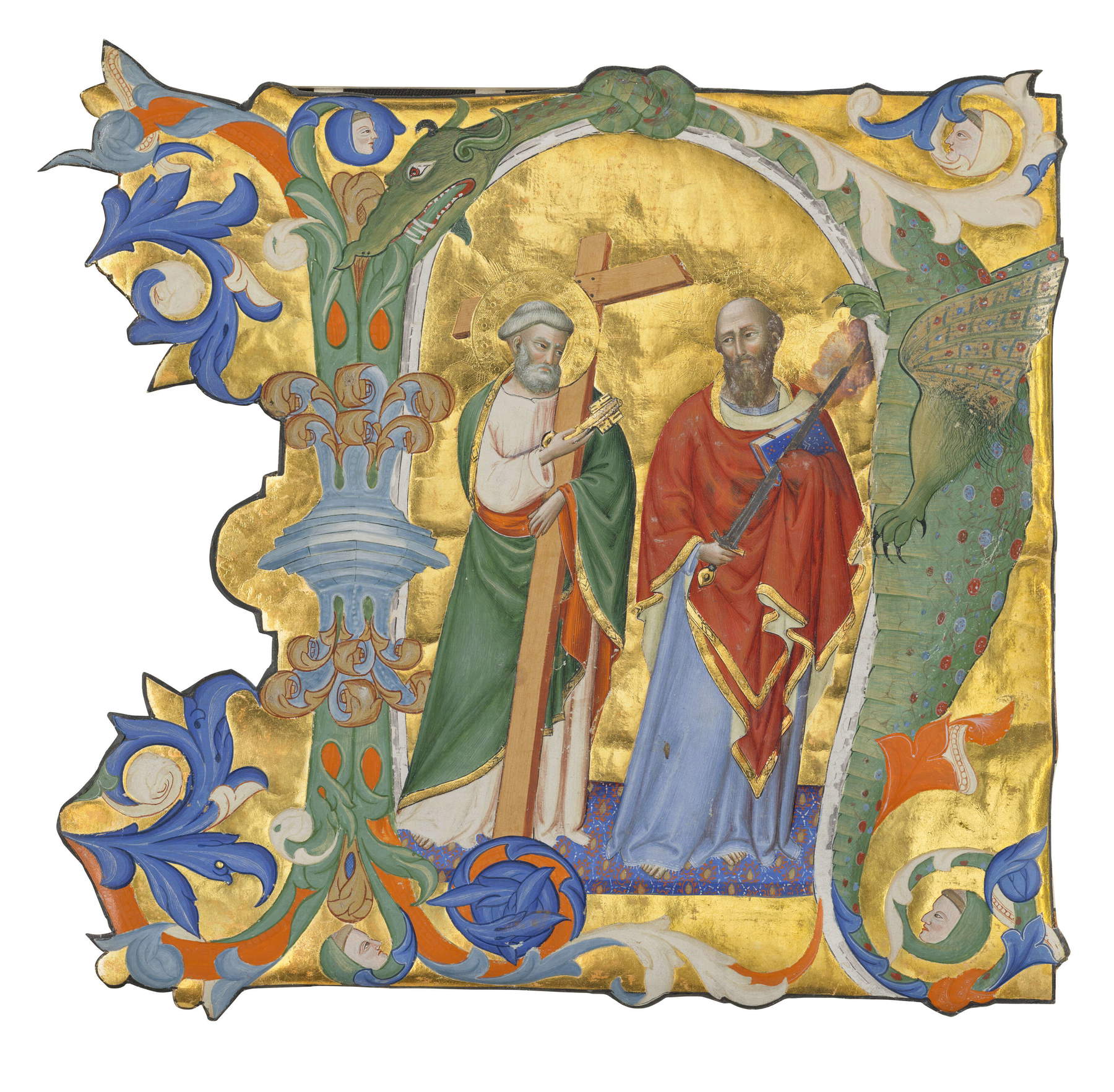Silvestro dei Gherarducci, Saints Peter and Paul, historiated initial 'N' from an illuminated Gradual on parchment (Florence, Santa Maria degli Angeli, 1371–1374; parchment, 300 x 300 mm)
