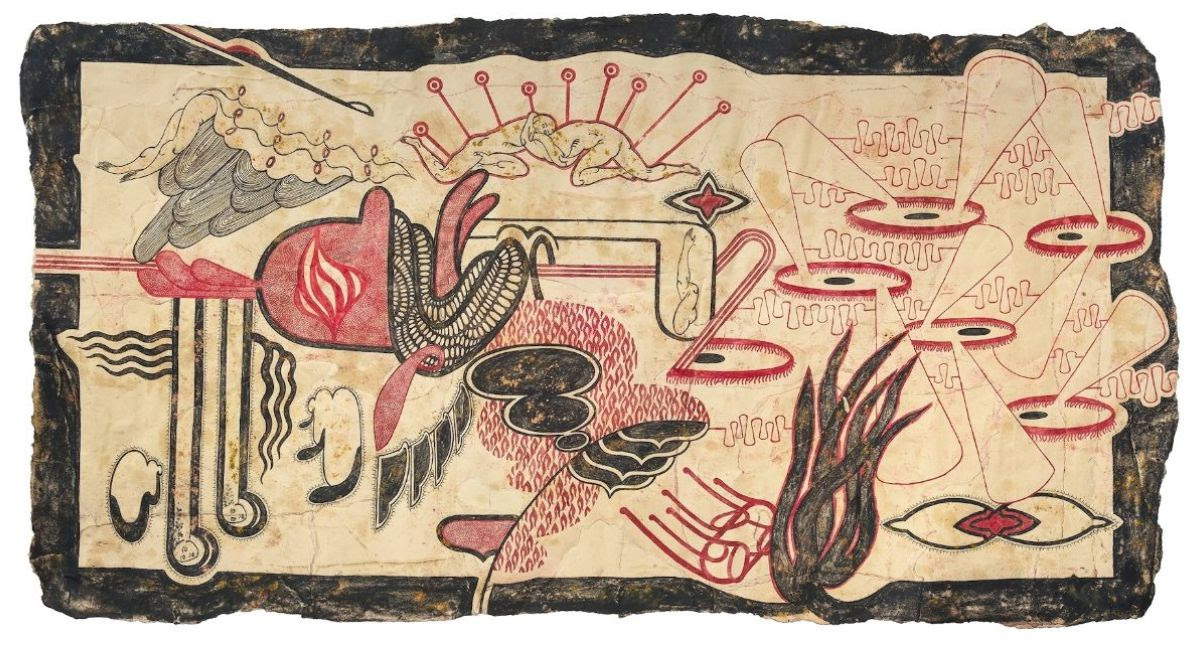 Simone Pellegrini, Lairassa d'anghli (2026; Holzkohle, Pigmente und Öl auf Papier, 71 x 135 cm, SiP 24)