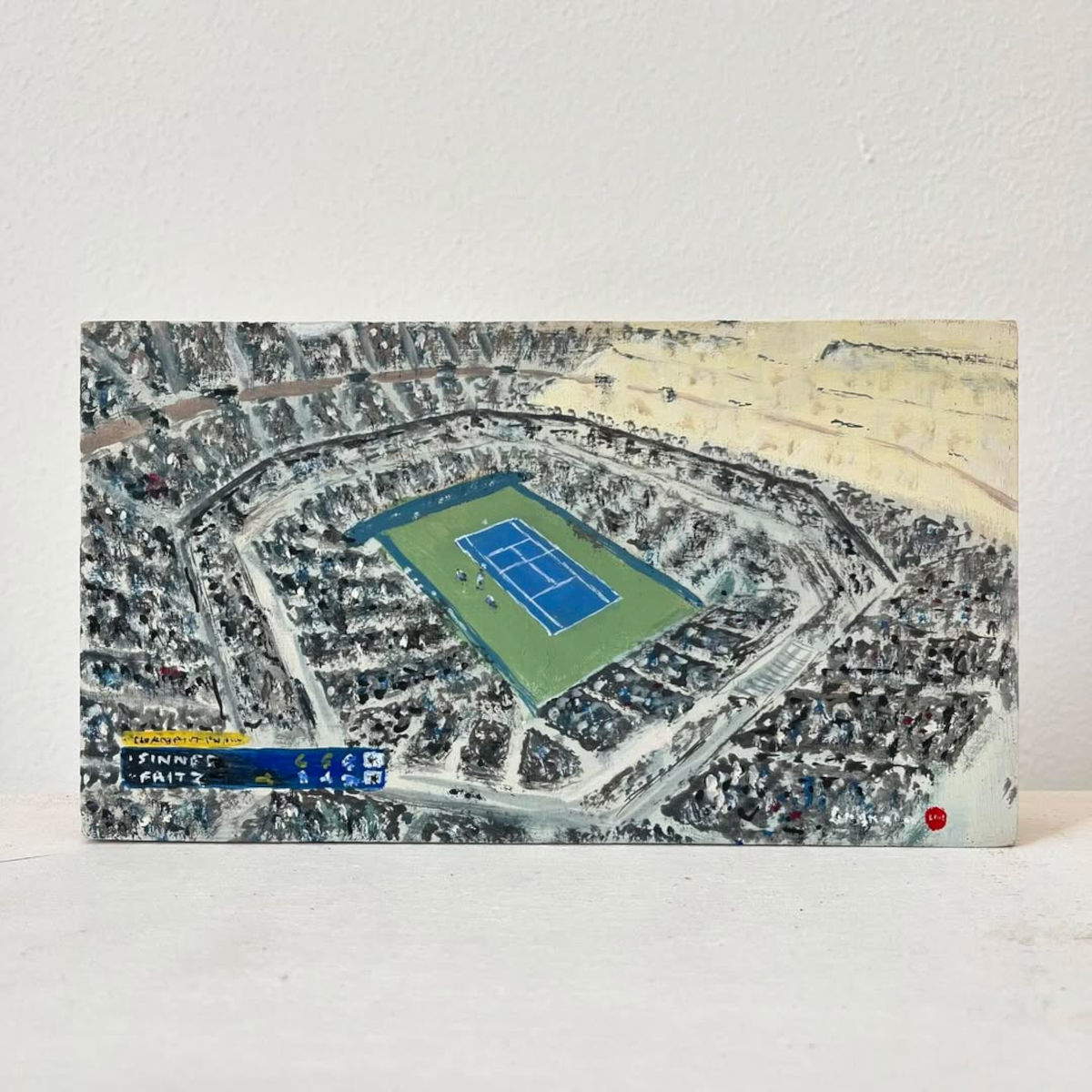 Simone Tribuiani, Sinner vs. Fritz Arthur Ashe Stadium 2024 (2024; Acryl auf Platte, 19 x 10,7 cm). Foto: Simone Tribuiani Ig Profil