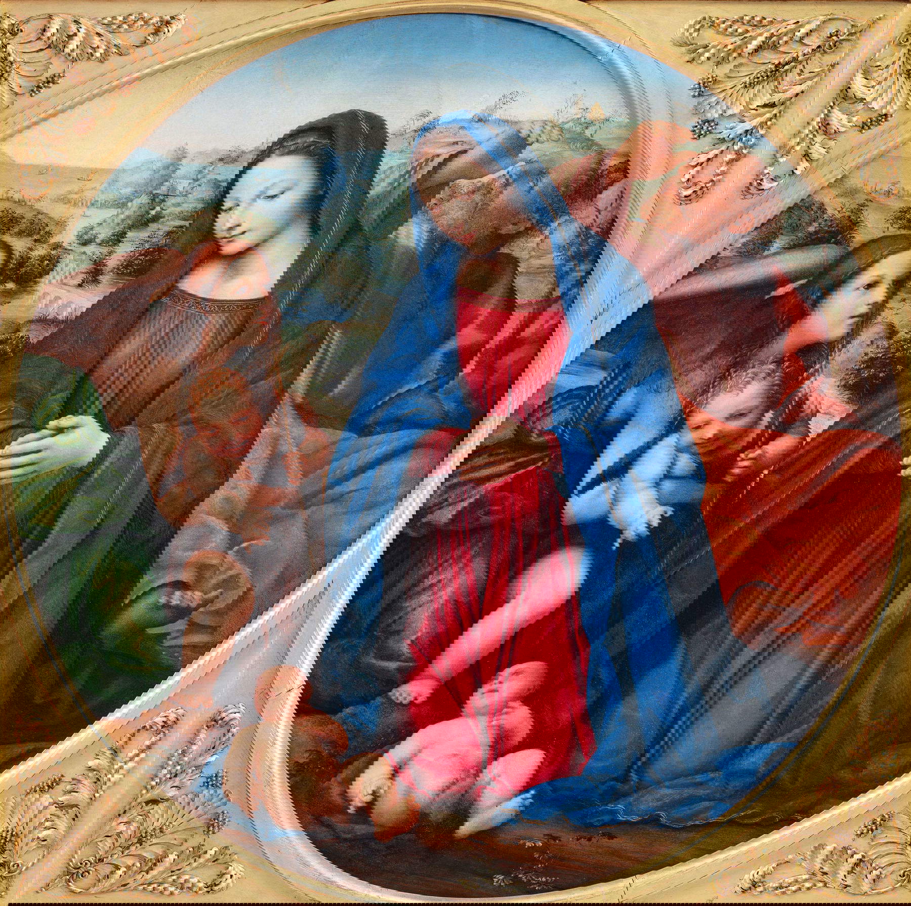 Giovanni Antonio Bazzi, genannt Sodoma, Die Geburt Jesu, ein Engel und der heilige Johannes (um 1504-1505; Tempera grassa auf Tafel, Durchmesser 111 cm; Siena, Pinacoteca Nazionale, Inv. 512)