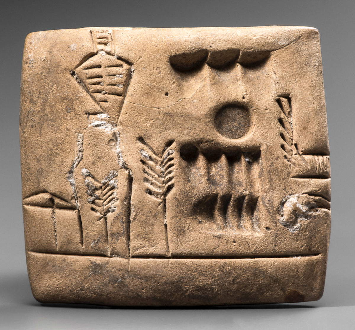 Tablet with pictograms - Late Uruk Culture (3300-3100 BC; clay).