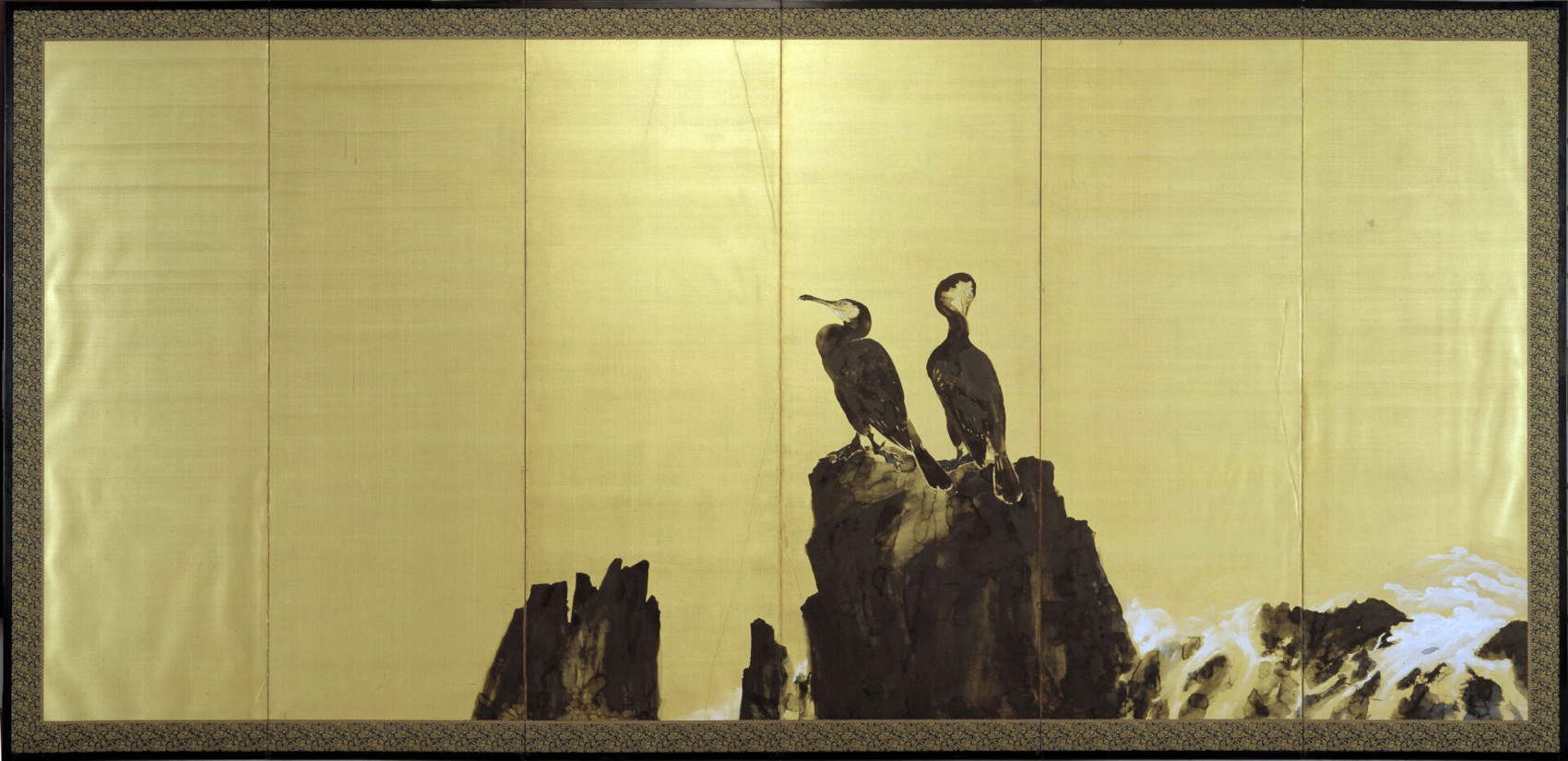 Hirafuku Hyakusui, Cormorants on the Rocks (first half of the 20th century; folding screen made of wood, paper, and silk; Brescia, Civic Museums) &copy; Photographic Archive of the Civic Museums of Brescia / Fotostudio Rapuzzi