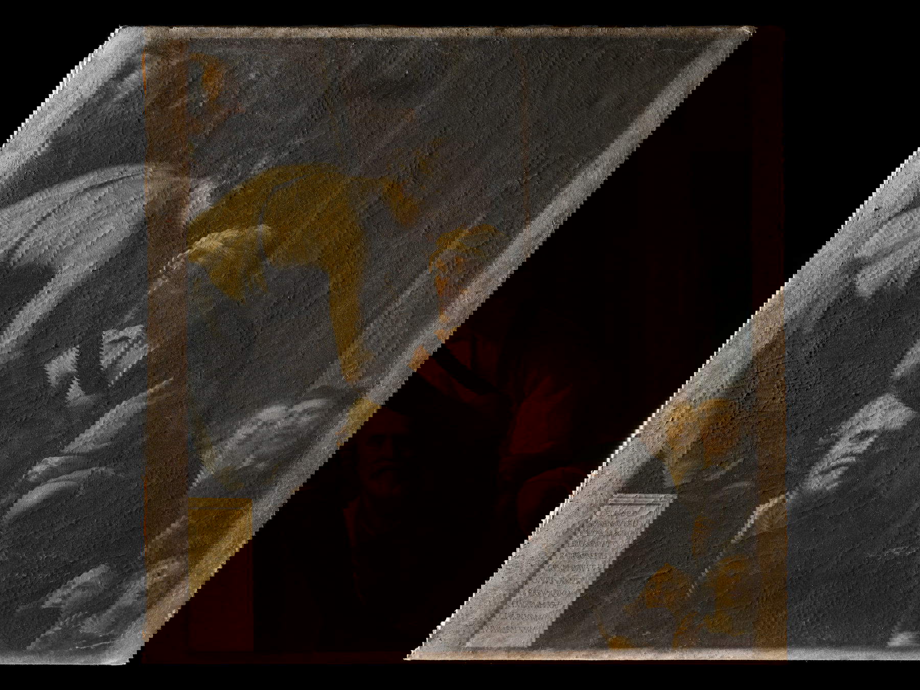 El cuadro antes de la restauración a la luz rasante, que resalta las deformaciones del lienzo y las capas pictóricas. Foto: Ottaviano Caruso