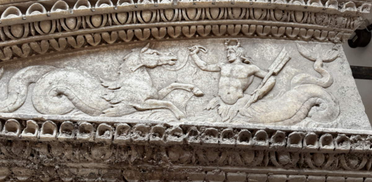 Appia Antica Park, marble tympanum with marine frieze will be restored with open construction site 