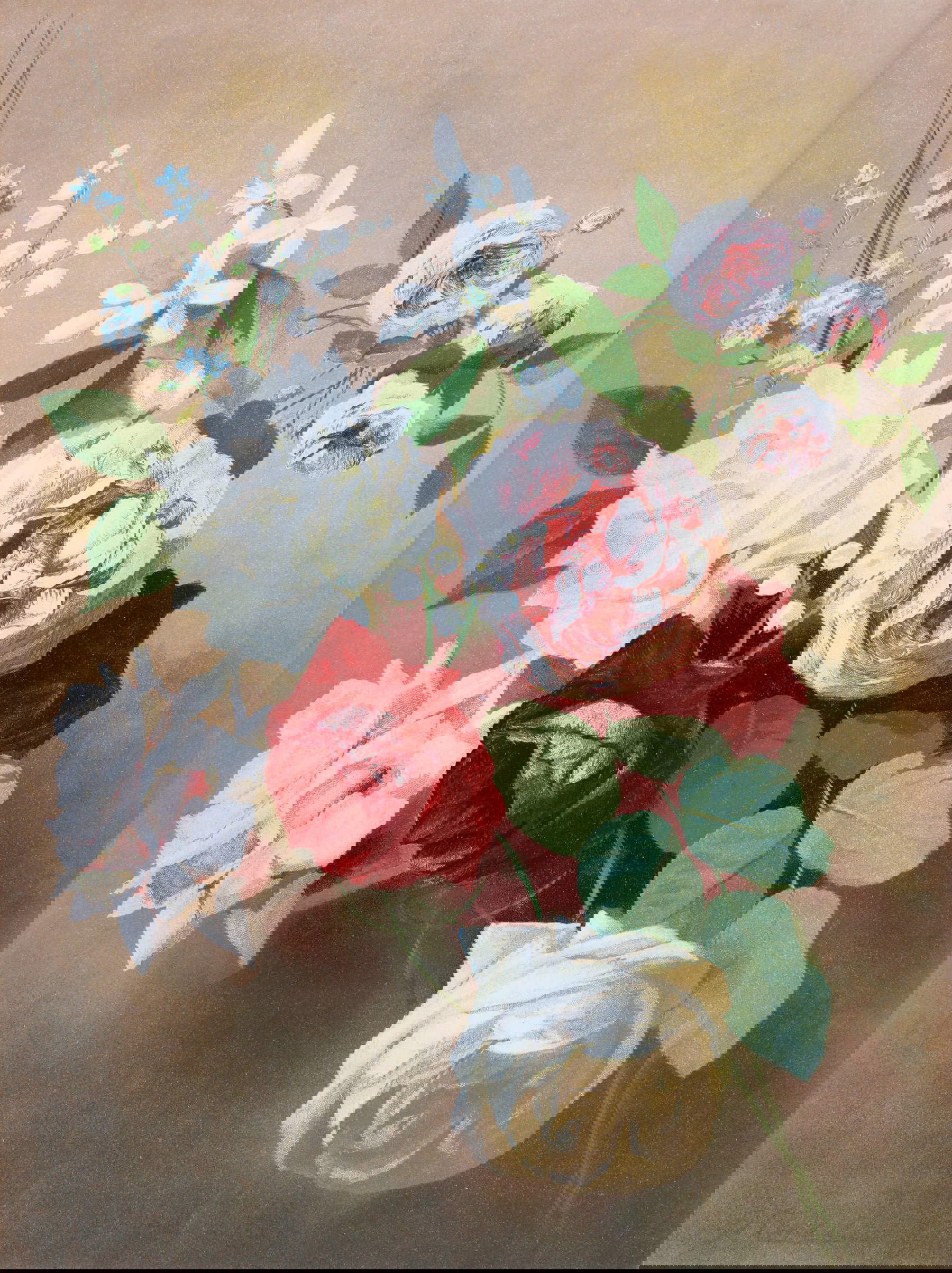 Tito Chelazzi, Le rose, aus I fiori di primavera. Zehn chromolithographisch reproduzierte Originaltafeln von Tito Chelazzi mit illustrierendem Text von Pietro Gori und Angelo Pucci, Tav. I, Mailand: Fratelli Treves Editori (1892; Chromolithographie, 385 x 280 mm; Privatsammlung)