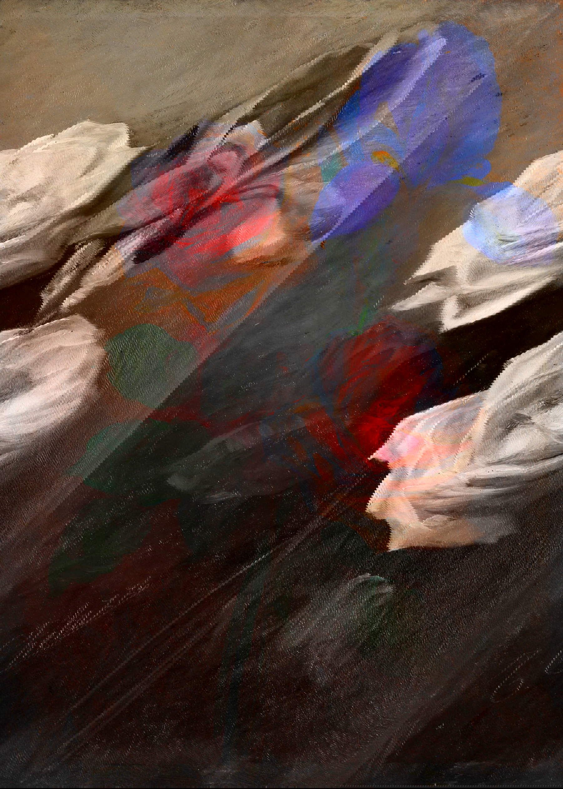 Tito Chelazzi, Rosen und Schwertlilien (ca. 1885-1892; Öl auf Tafel, 35 x 25 cm; Privatsammlung)