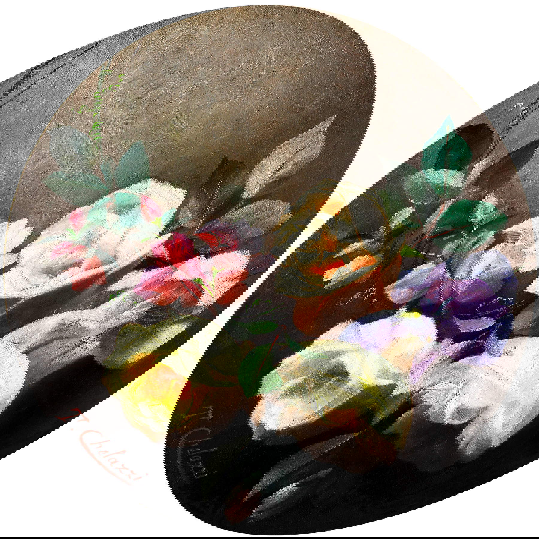 Tito Chelazzi, Rosen (ca. 1880-1890; Öl auf Leinwand auf Karton, Durchmesser 29 cm; Privatsammlung)