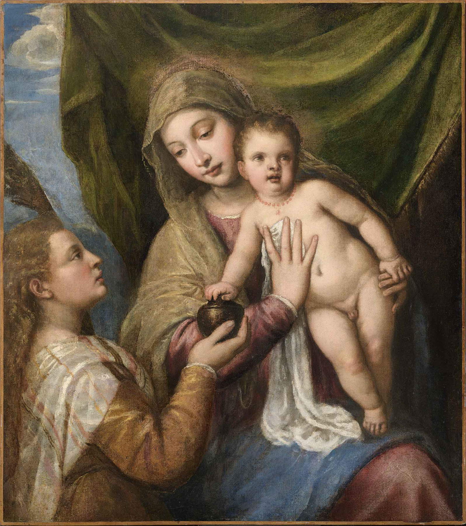 Tiziano Vecellio, with a contribution by Girolamo Dente, *Madonna with the Child and Mary Magdalene* (c. 1540–1550; oil on canvas; private collection)