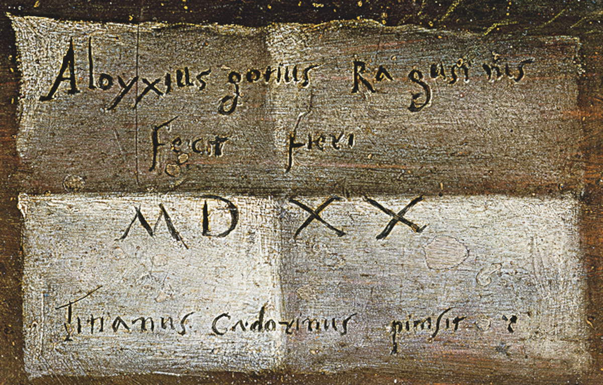 Detail in der Kartusche des Gozzi-Altars, signiert von Tizianus Cadorinus