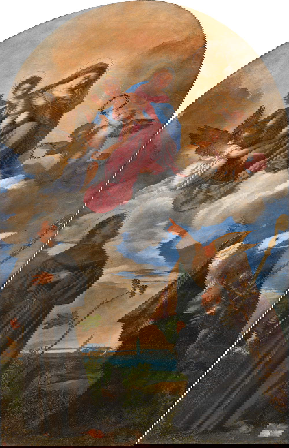 Tizian, Madonna und Kind mit Engeln, dem heiligen Franziskus, dem heiligen Blasius und dem Stifter Alvise Gozzi (Gozzi-Altar) (1520; Öl auf Tafel, 324 x 207 cm; Ancona, Pinacoteca Civica 'Francesco Podesti')