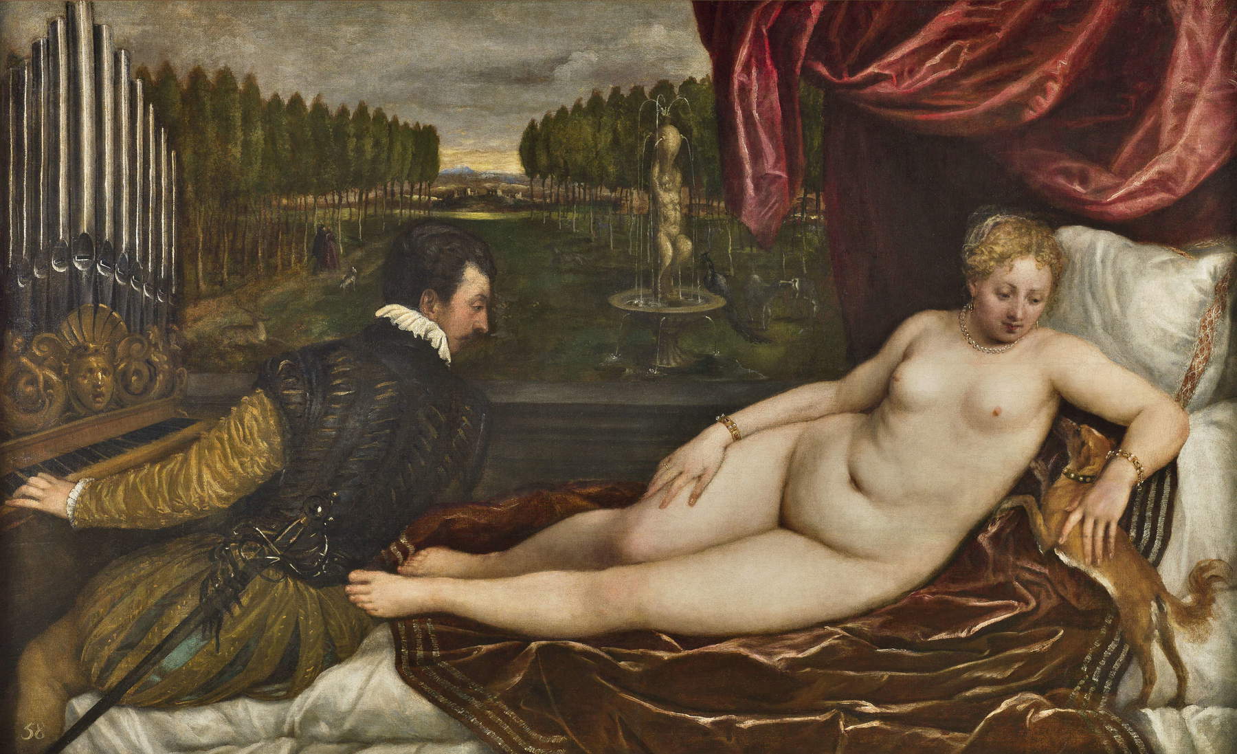 Tiziano Vecellio, Venus with a Dog and an Organist (c. 1550; oil on canvas, 148 x 217 cm; Madrid, Museo Nacional del Prado)