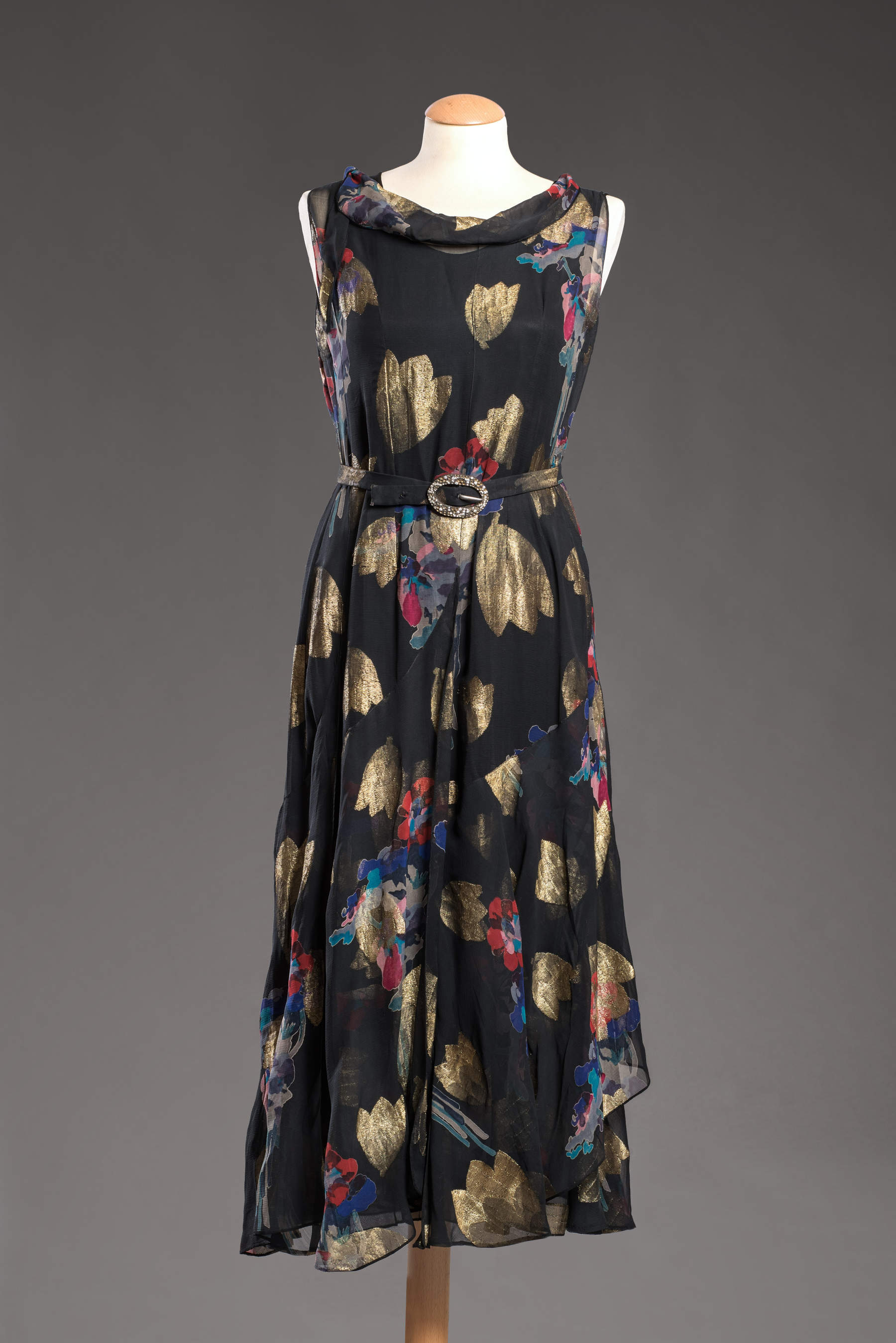 Dinner dress, Turin (circa 1935, reserve-dyed and machine-embroidered silk crepe; Turin, Palazzo Madama—Civic Museum of Ancient Art)