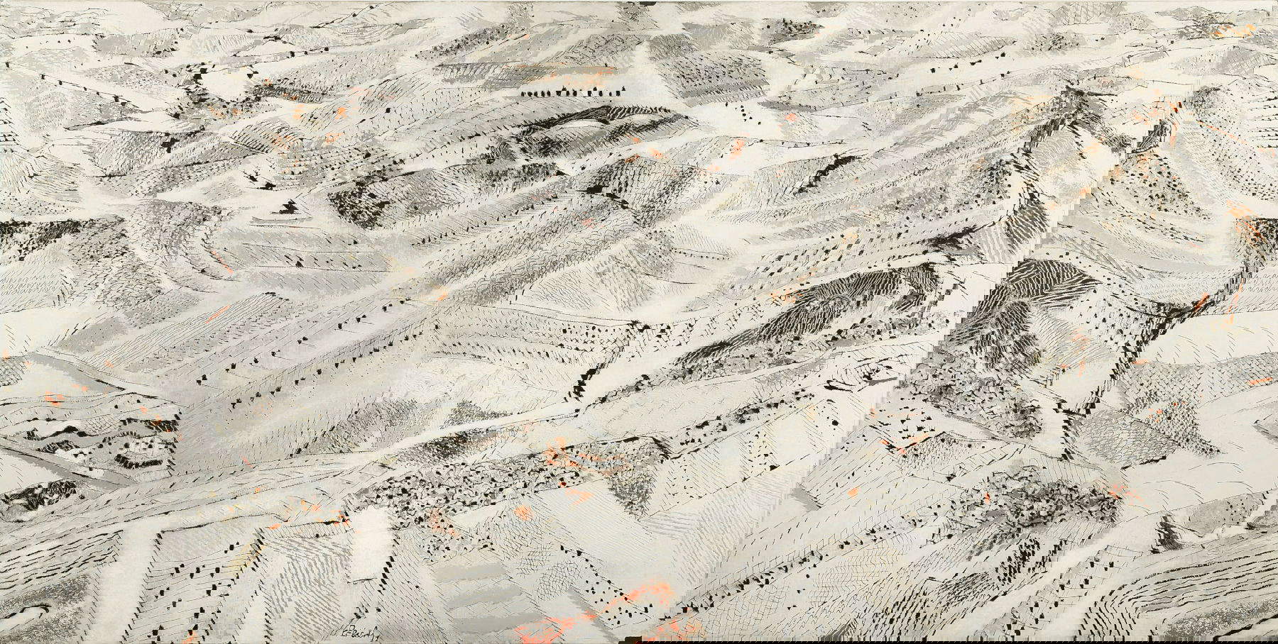 Tullio Pericoli, Pérdida de un ojo (2011; óleo sobre yeso, 90 &times; 180 cm; Colli del Tronto 1936, firmado y fechado abajo a la derecha: 'Pericoli 11') Créditos: Galleria Carlo Virgilio &amp; C.