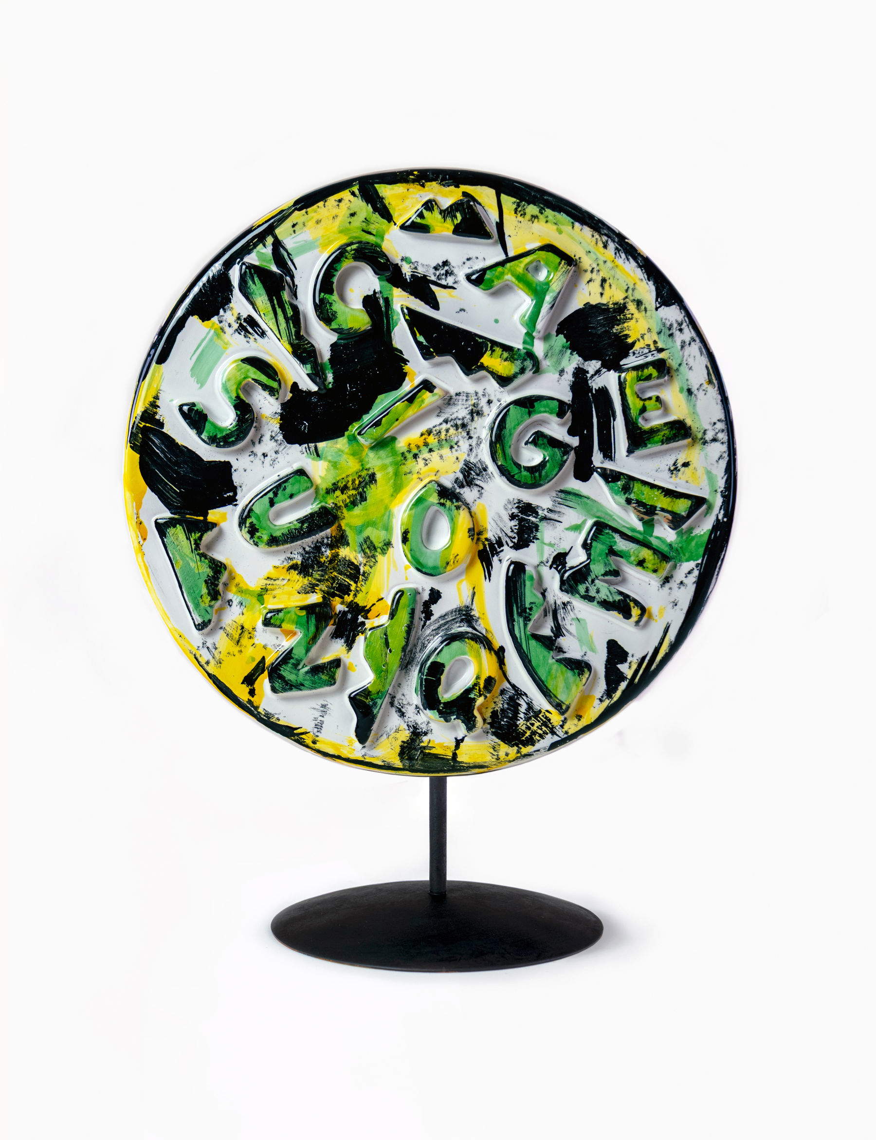 Ugo Nespolo, Abbecedario 2 (2025; terracotta painted relief, 30 x 30 x 9 cm) Photo: Jorge Felix Diaz Urquiza
