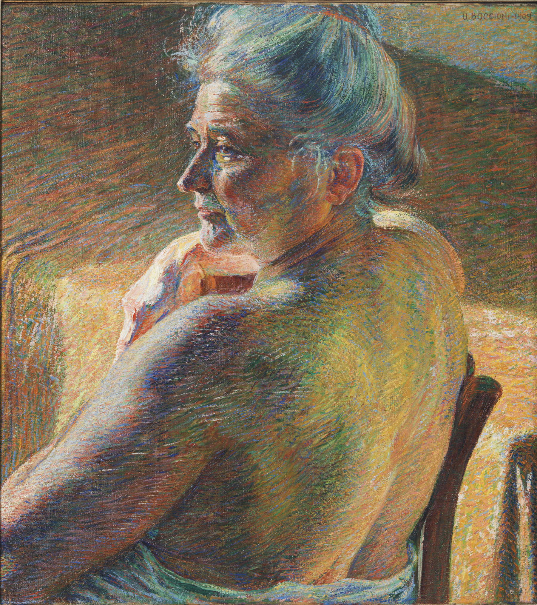 Umberto Boccioni, Desnudo de espaldas (Contraluz) (1909; óleo sobre lienzo, 61 x 55,5 cm; Rovereto, Mart, Museo de Arte Moderno y Contemporáneo de Trento y Rovereto, n.º de inventario 2155)