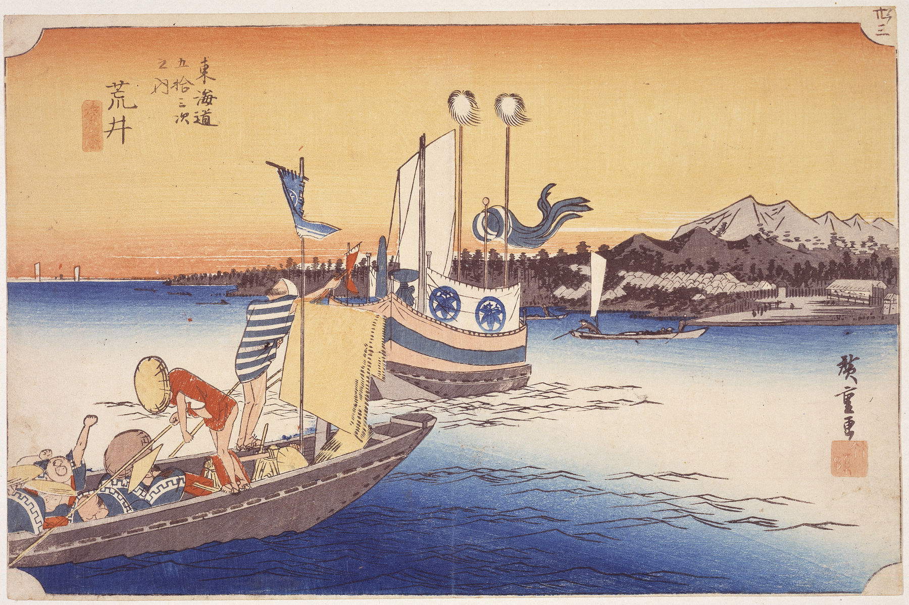 Utagawa Hiroshige, Station Nr. 31 - Arai, Szene mit Fähre (Japan, 1832-1834 Edo (Tokugawa)-Ära, Holzschnitt auf Papier, nishikie)