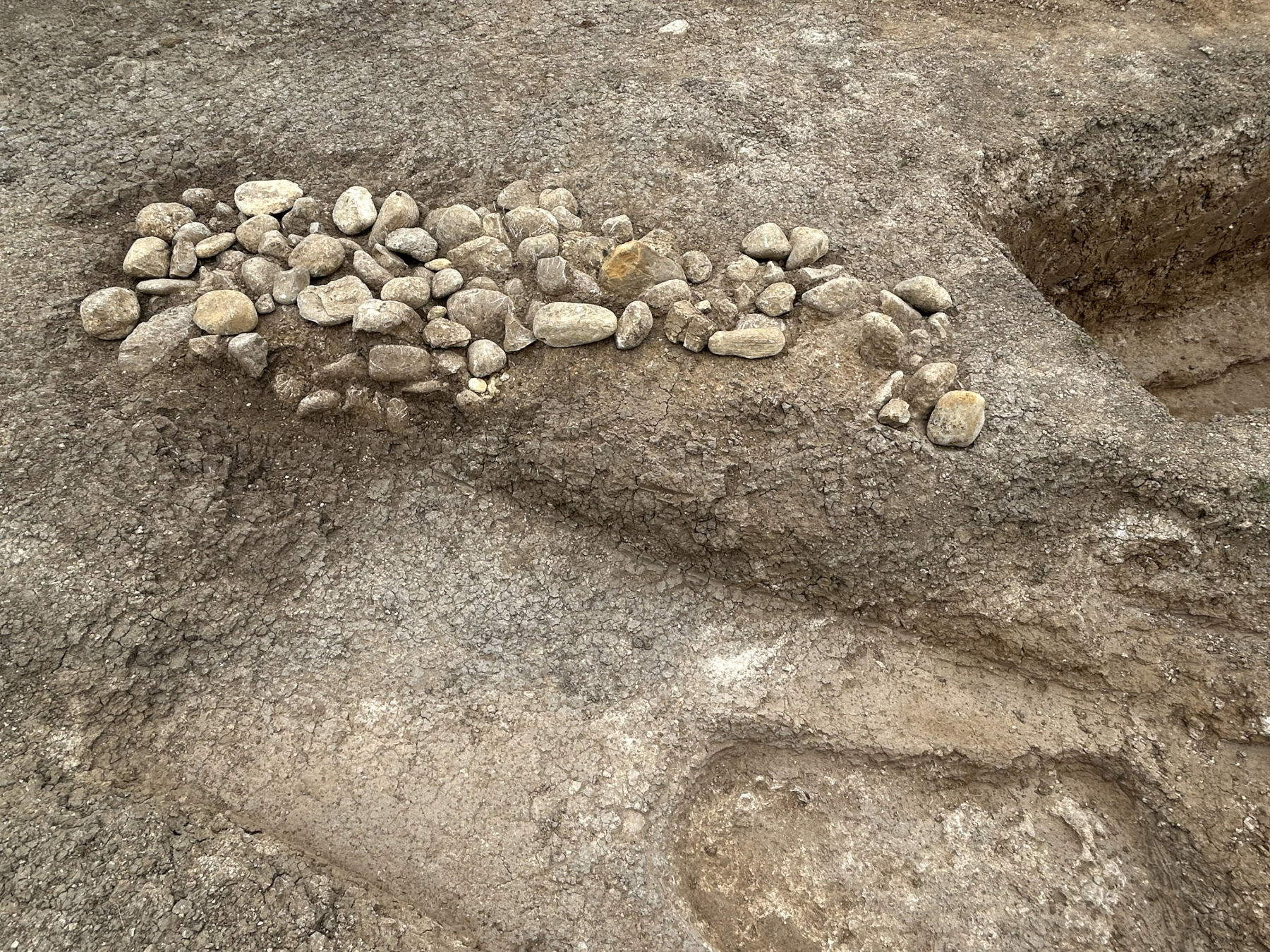 ejemplo de recubrimiento de piedra de una fosa discernible desde el nivel del suelo. Las fosas, cuyo relleno está formado casi en su totalidad por piedras, pueden tener planos de deposición a alturas muy diferentes e interferencias mutuas, como se desprende de los cortes de los otros enterramientos visibles en la imagen. Foto: Ministerio de Cultura