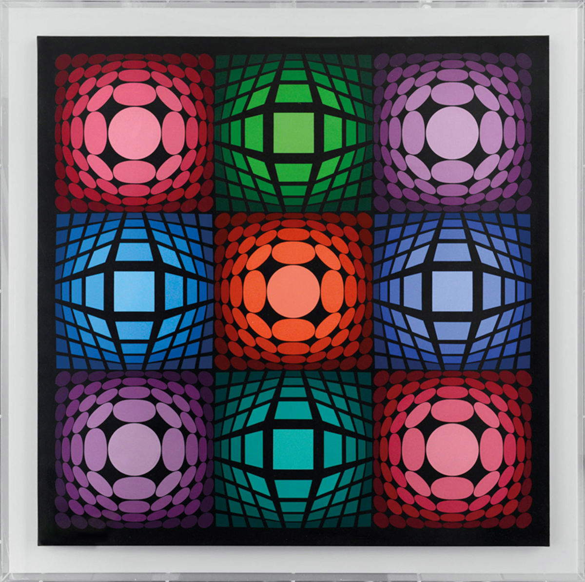 Victor Vasarely, Cenlik (no. P.1168) (1985 ; acrylique sur toile, 116x116cm ; Archives Vasarely)