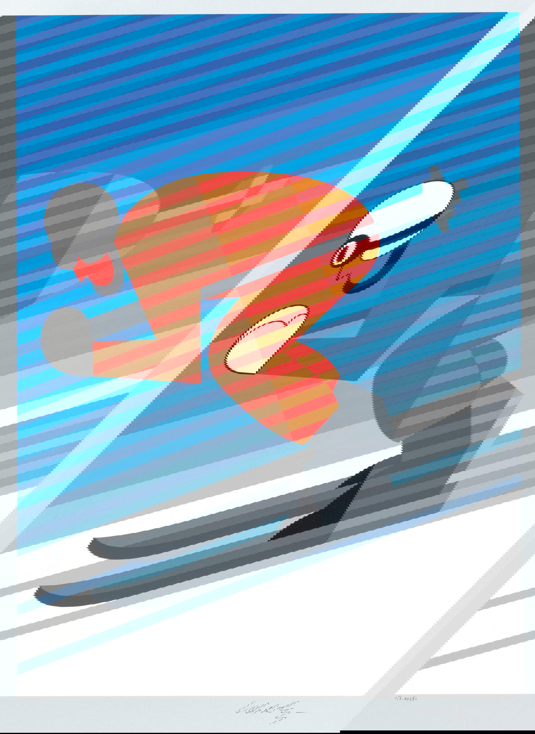 Victor Vasarely, Skifahrer (1986-87; Siebdruck, 85 x 64 cm; Sammlung MS)