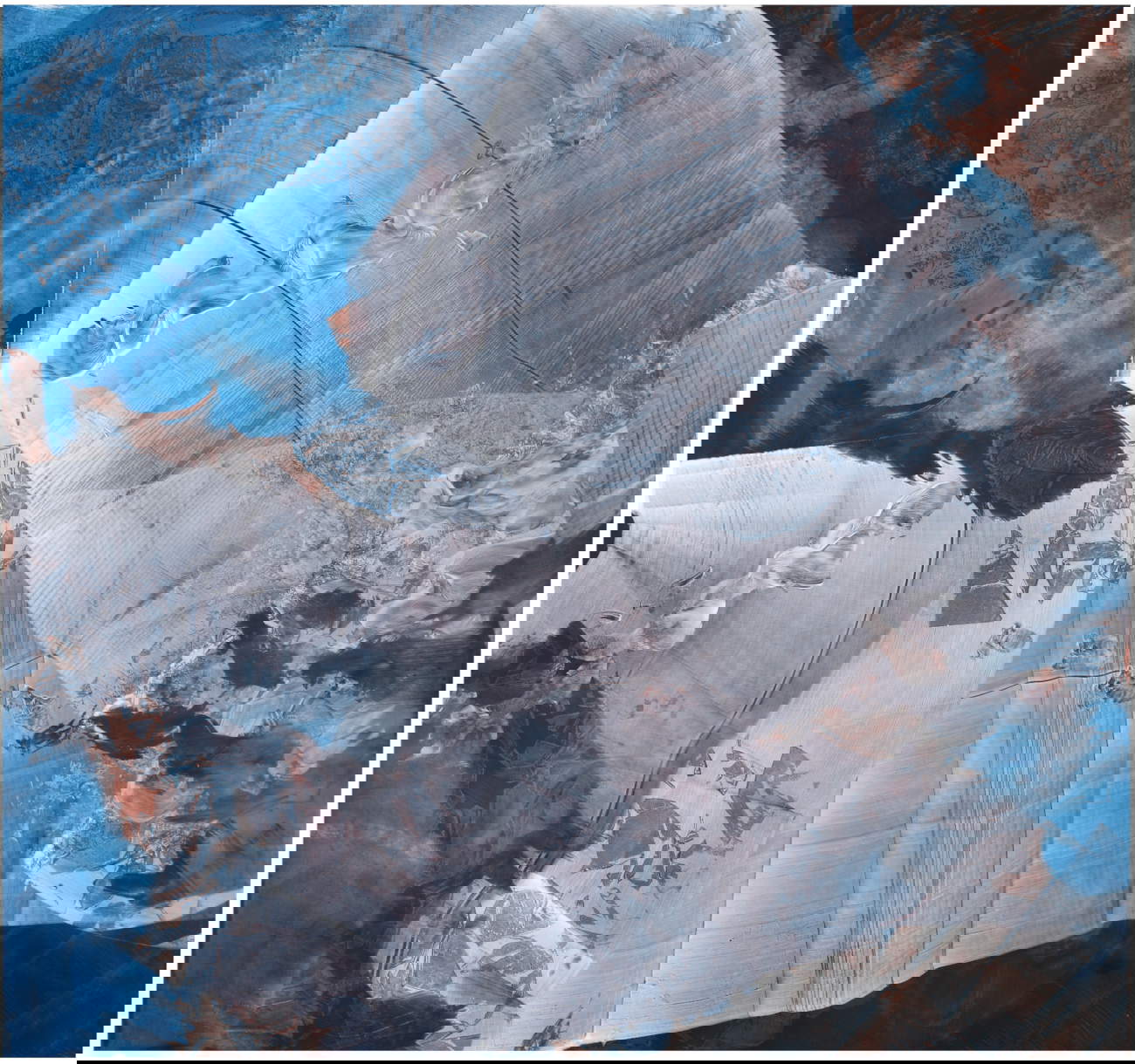 Vincenzo Scolamiero, Dell&rsquo;azzurro silenzio, omaggio a Luigi Nono 2 (2020; inchiostri e pigmenti su tela, 140 x 150 cm)