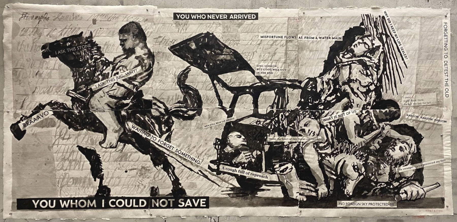 William Kentridge, I Ask This Stone (2023; India ink, colored pencil and collage on handmade Phumani paper, 126 x 253 cm) Courtesy of the artist and Lia Rumma Gallery Milan/ Naples