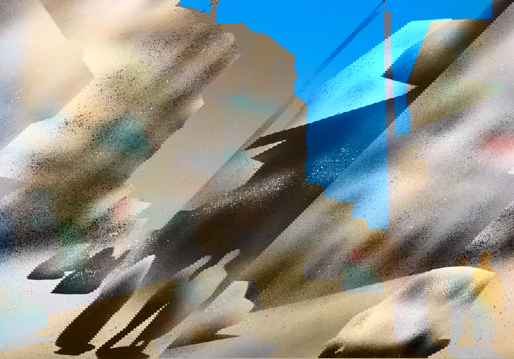 Woc, Ciudad de Gaza (2025; spray sobre papel, 100 x 70 cm)